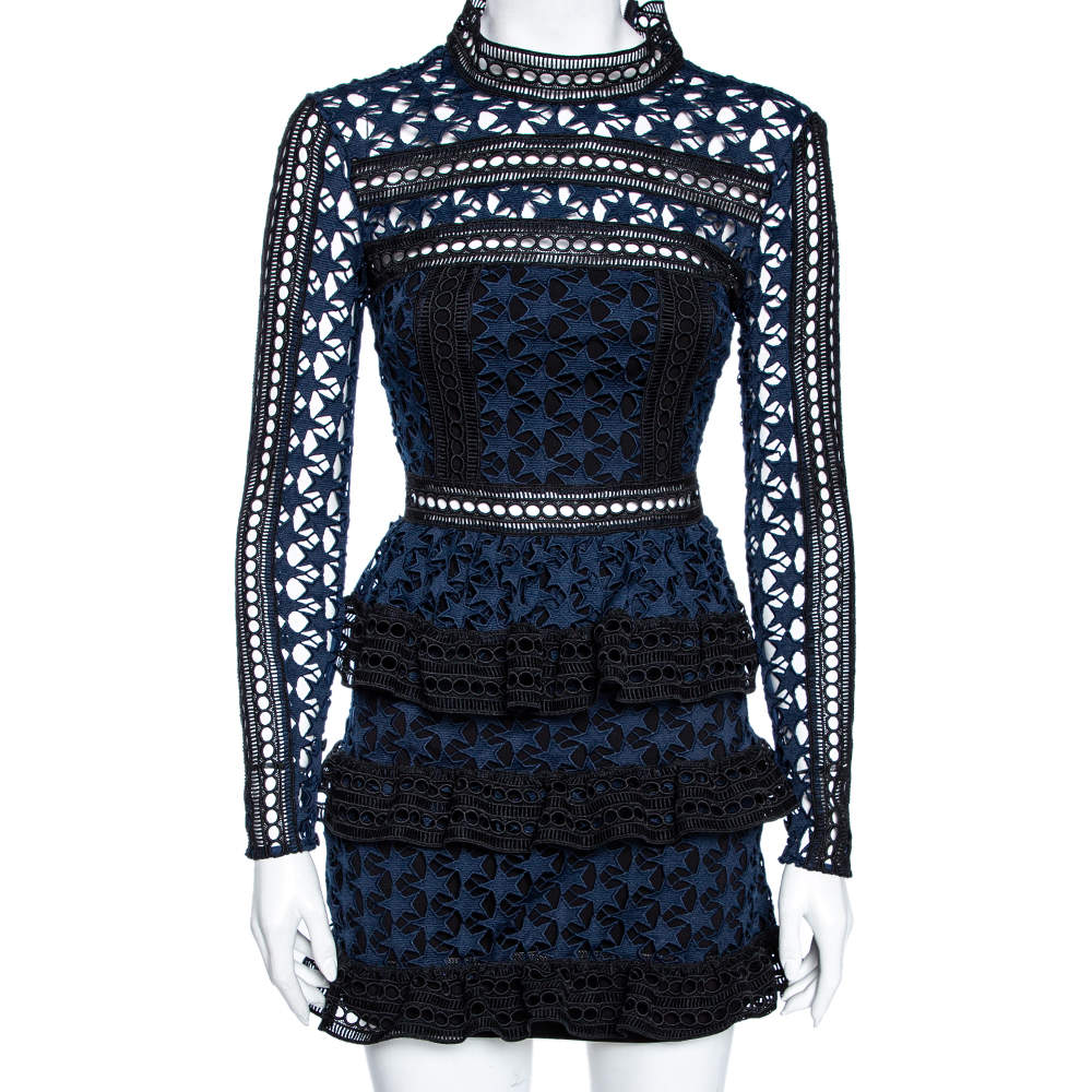Pre Owned Self-Portrait Navy Blue Guipure Lace Ruffled Mini Dress S