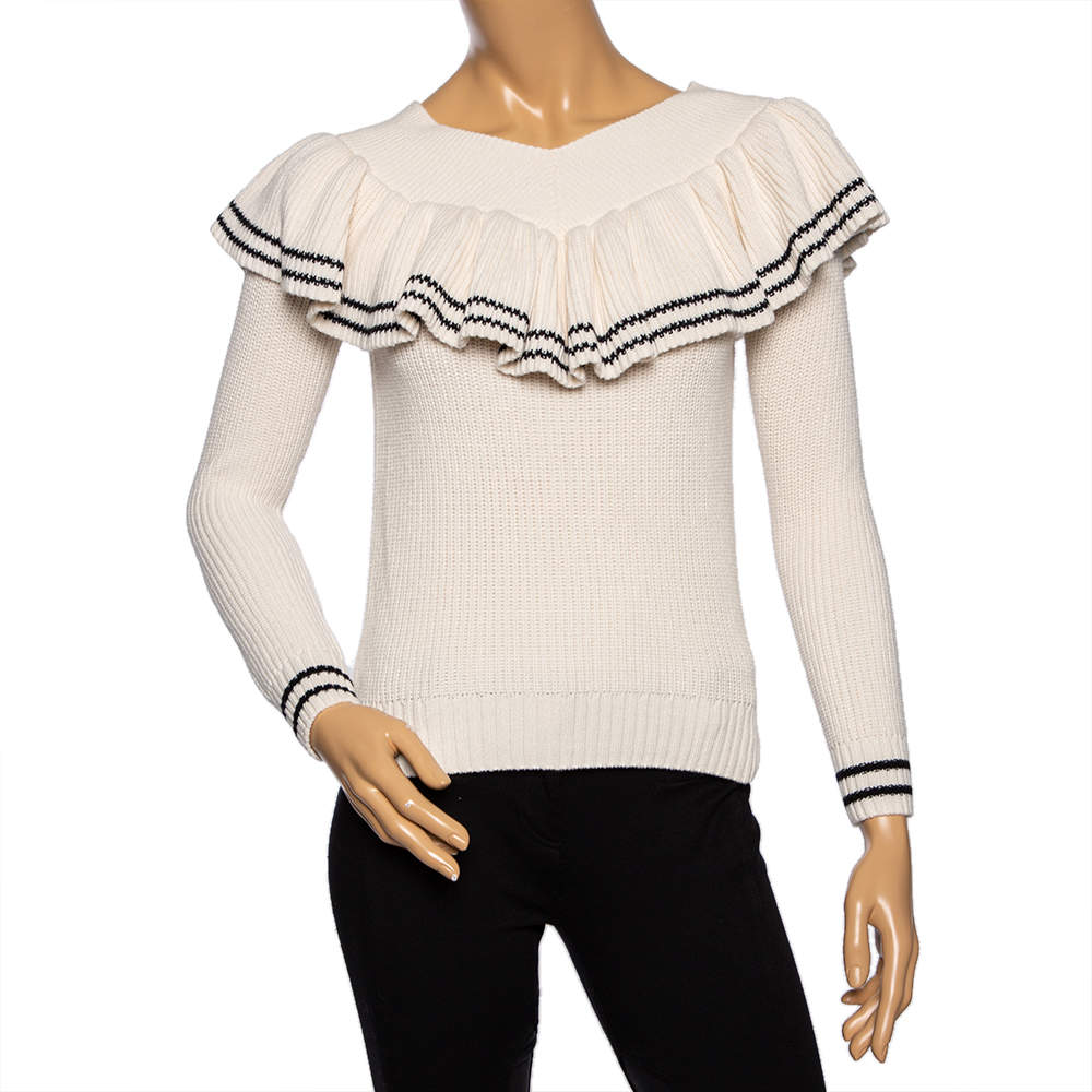 Pre Owned Self-Portrait Cream Wool Knit Ruffle Detailed Off-Shoulder Sweater S