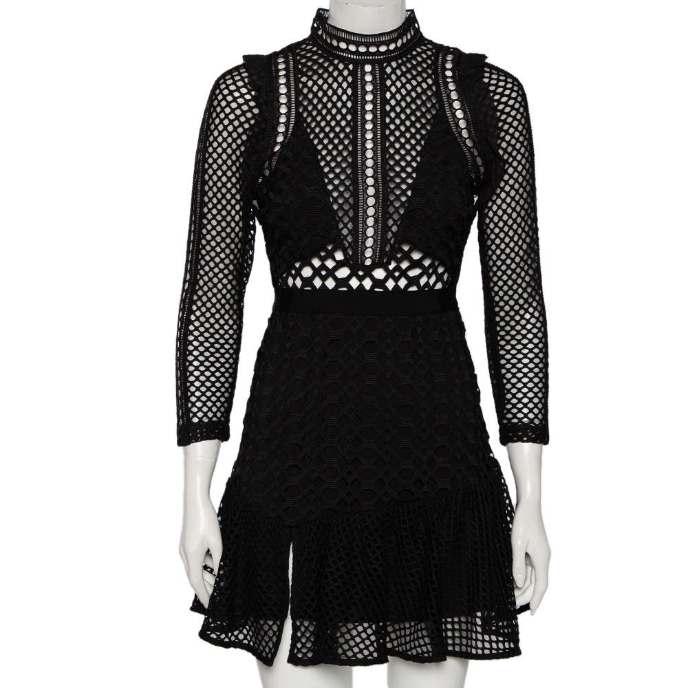 Pre Owned Self-Portrait Black Guipure Lace Hall Mini Dress M