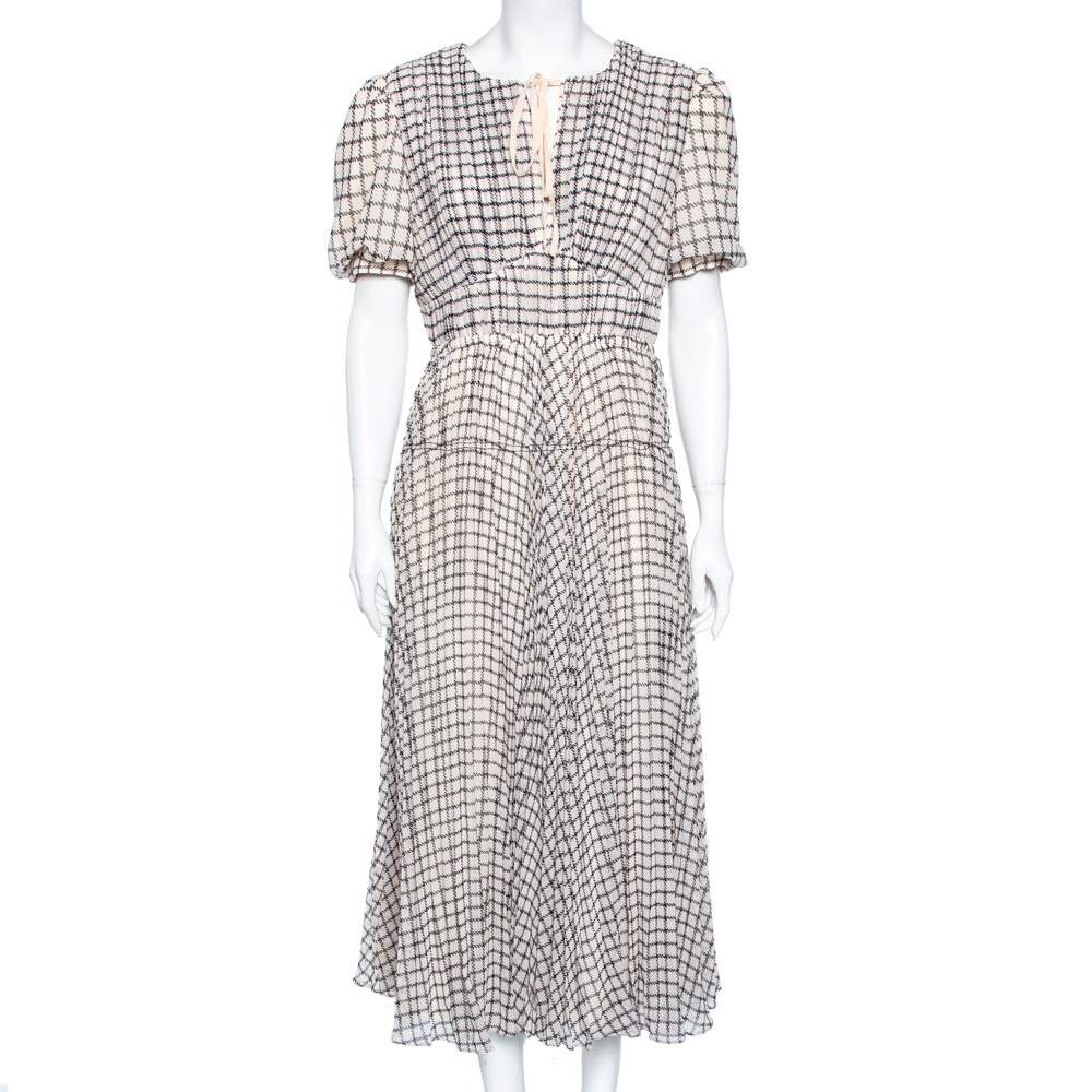 Self-Portrait Monochrome Checked Chiffon Midi Dress M