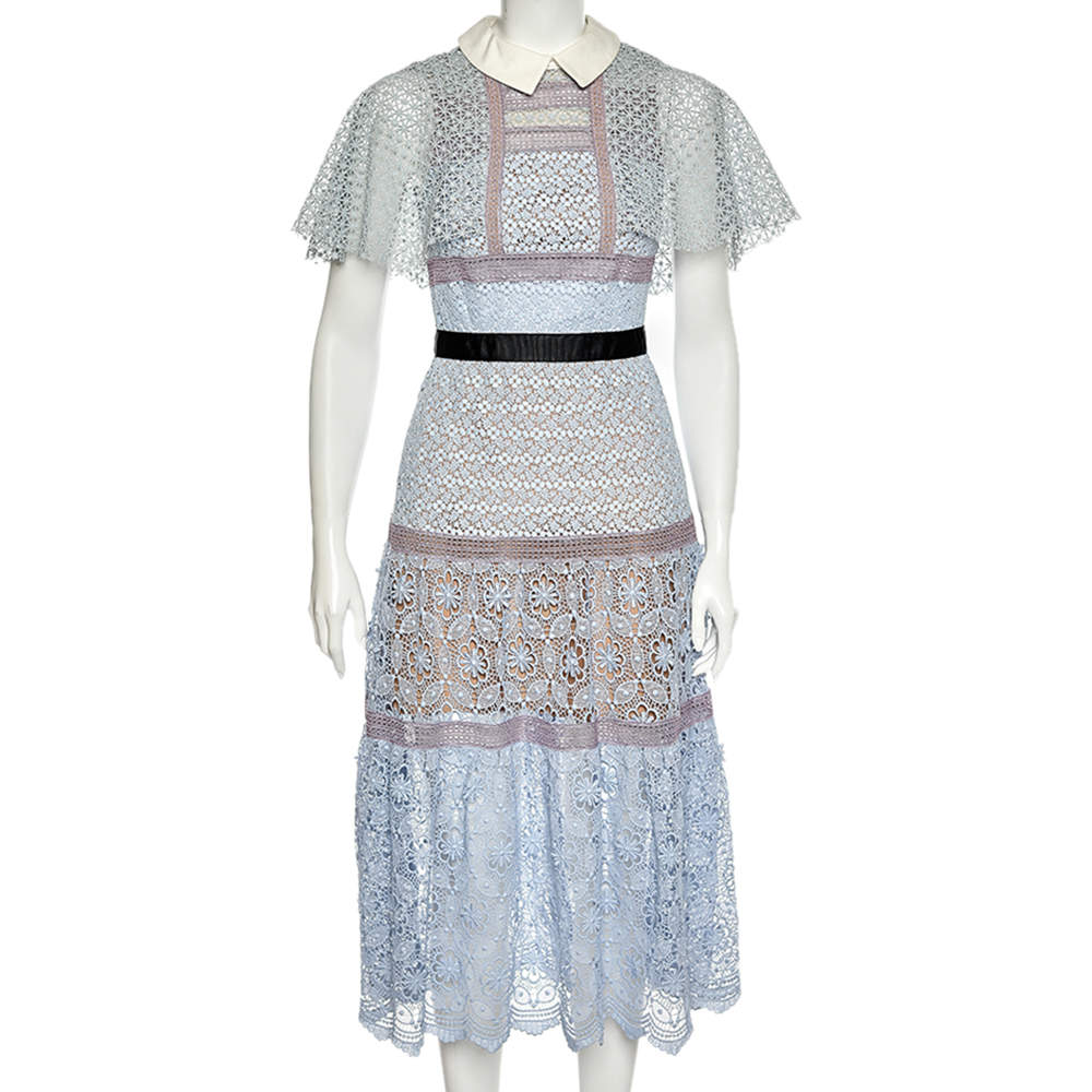 Pre Owned Self-Portrait Blue Lace Overlay Detail Midi Dress S