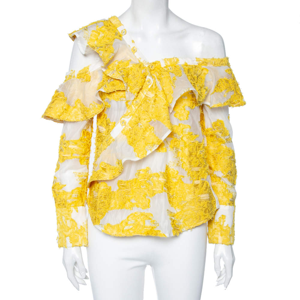 Pre Owned Self-Portrait Yellow Floral Fil Coupe Asymmetrical Ruffled Blouse S