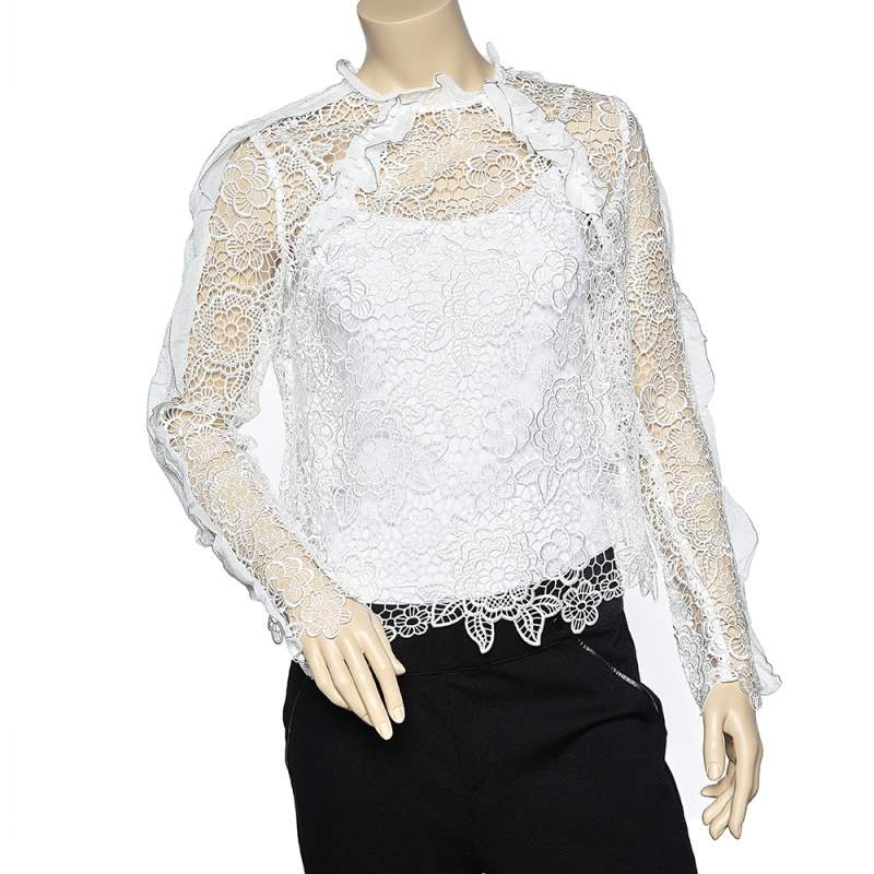 Pre Owned توب سيلف - بورتريه دانتيل أبيض مكشكش مقاس متوسط - ميديوم