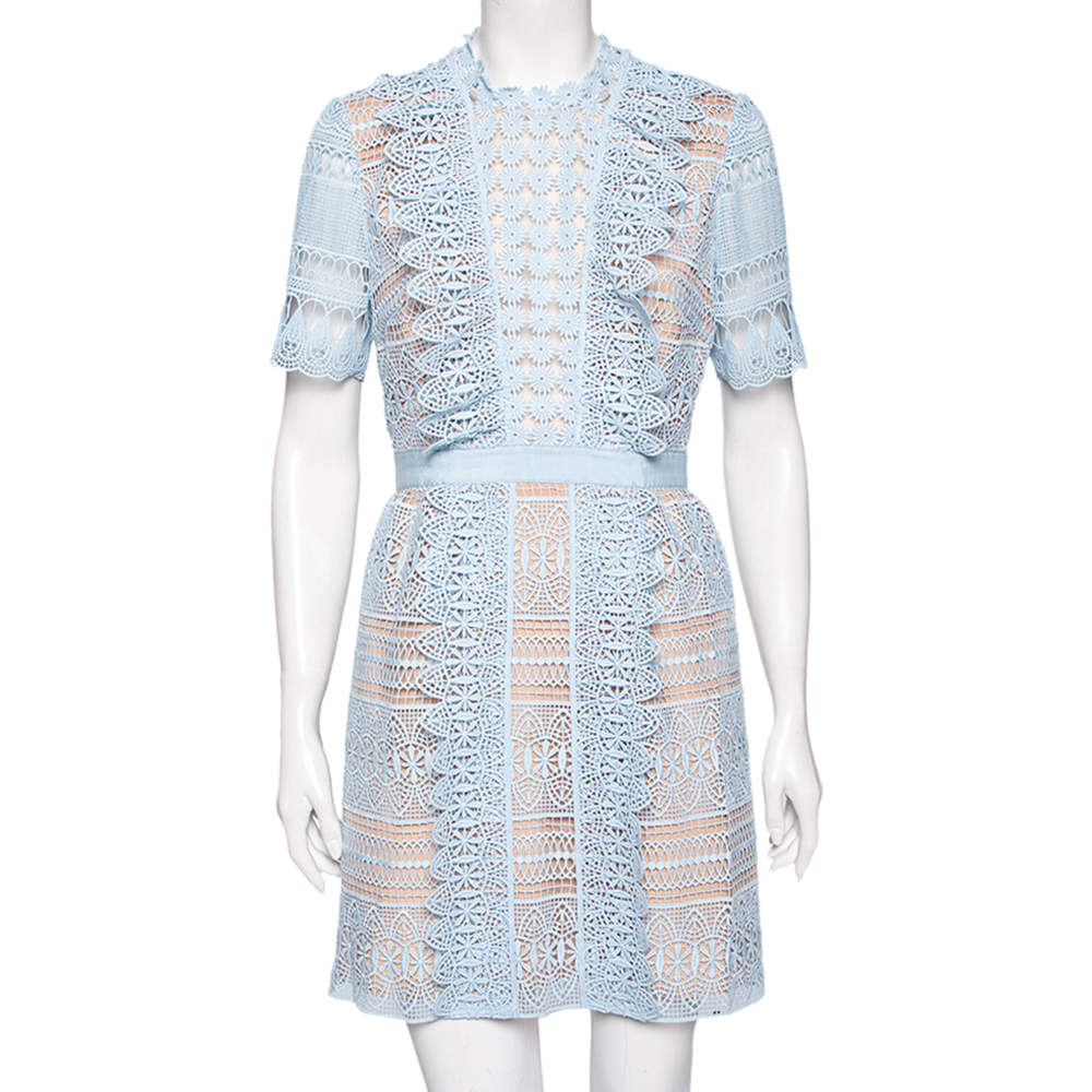 Pre Owned Self-Portrait Blue Guipure Lace Short Sleeve Dress M