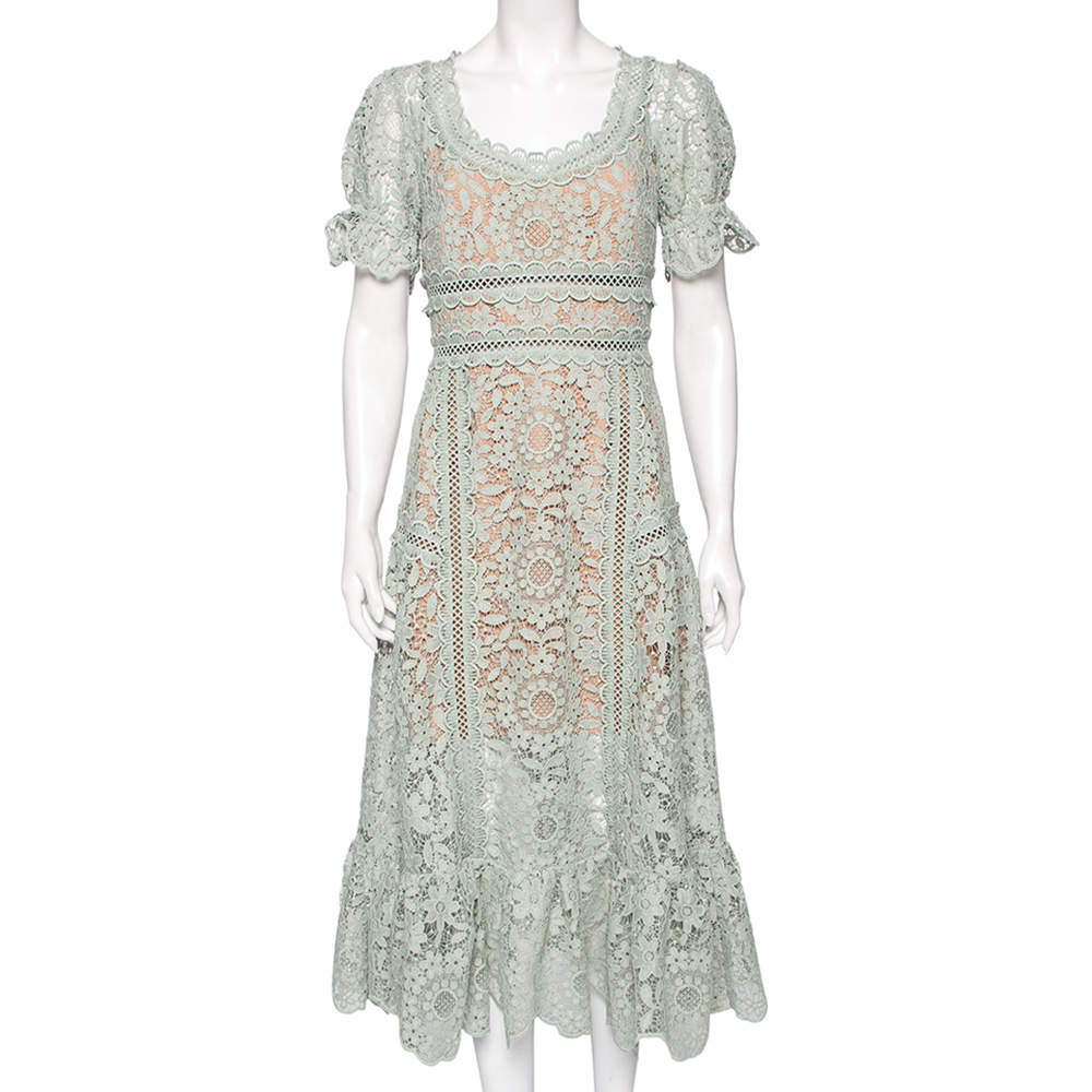Pre Owned Self-Portrait Pistachio Green Guipure Lace Midi Dress M