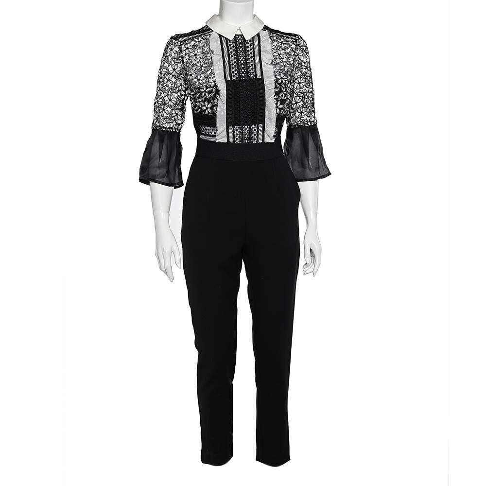 Pre Owned Self-Portrait Black & White Lace Bodice Bell Sleeve Jumpsuit M