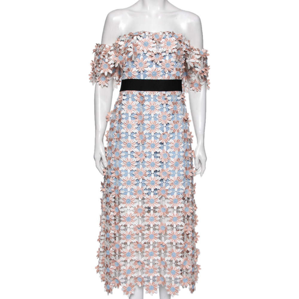 Pre Owned فستان ميدي سيلف بورتريت أوف شولدر دانتيل جيبير مورد وأزرق مقاس كبير - لارج