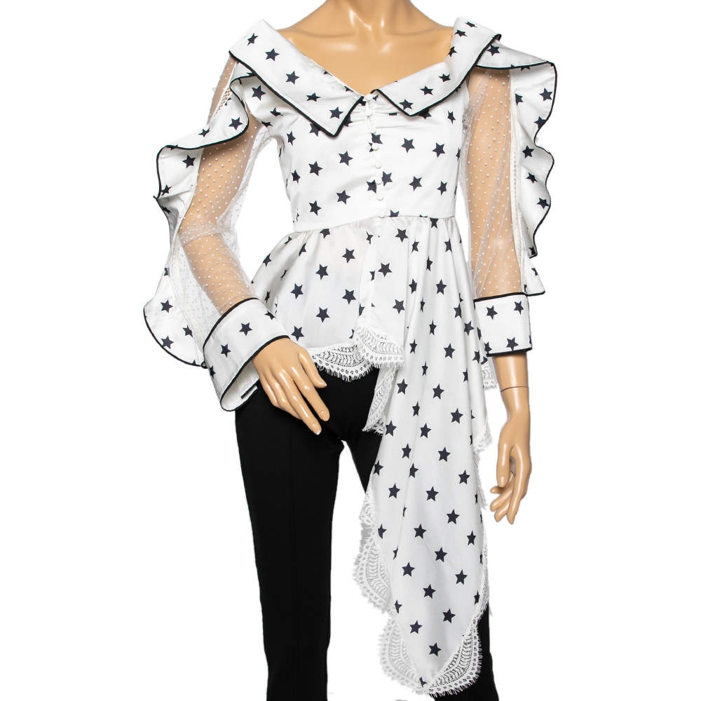 Self-Portrait White Star Printed Satin & Lace Trimmed Asymmetrical Blouse S