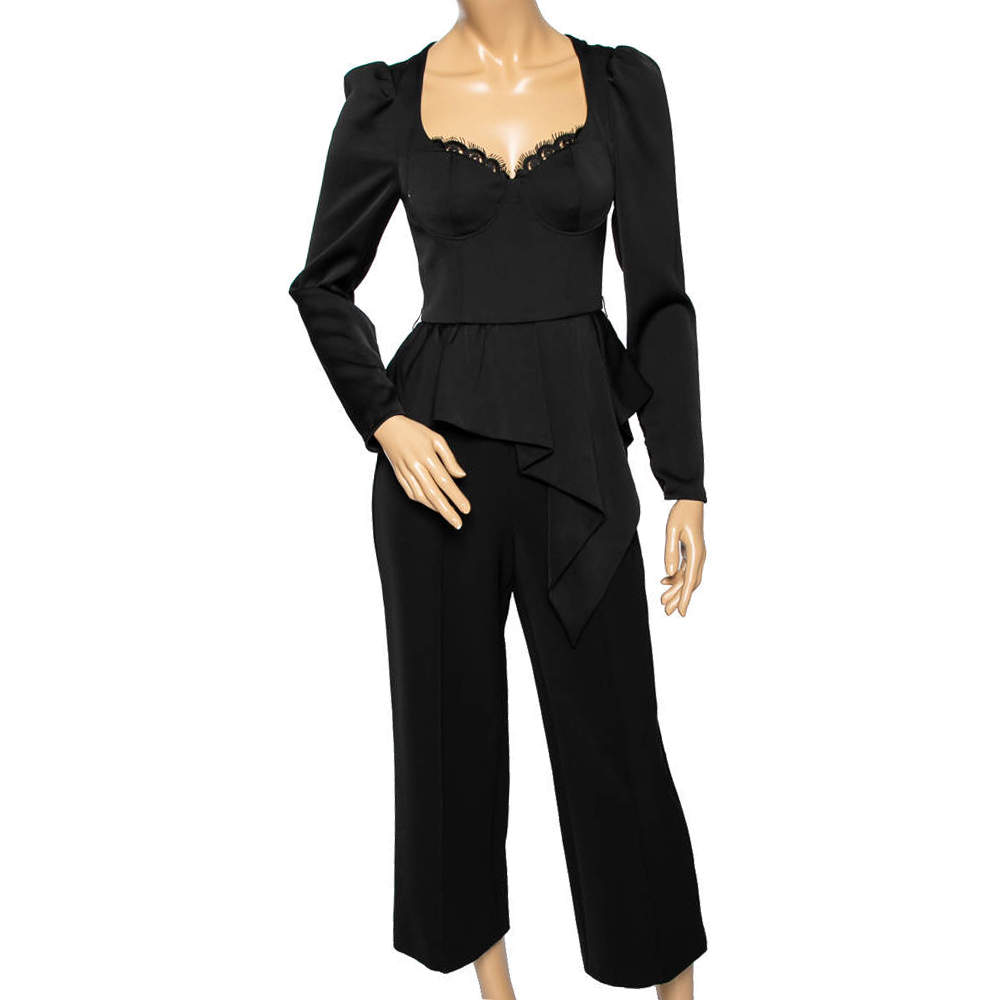 Pre Owned Self-Portrait Black Crepe Lace Trimmed Peplum Pleated Detail Jumpsuit S