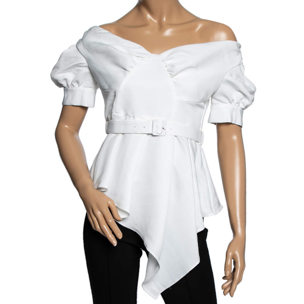 Pre Owned Self-Portrait White Off Shoulder Belted Ottoman Top M