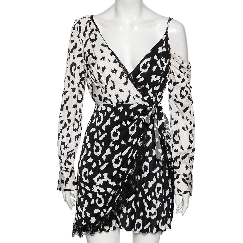Pre Owned Self-Portrait Black-White Leopard Printed Crepe De Chine Lace Trim Wrap Dress S