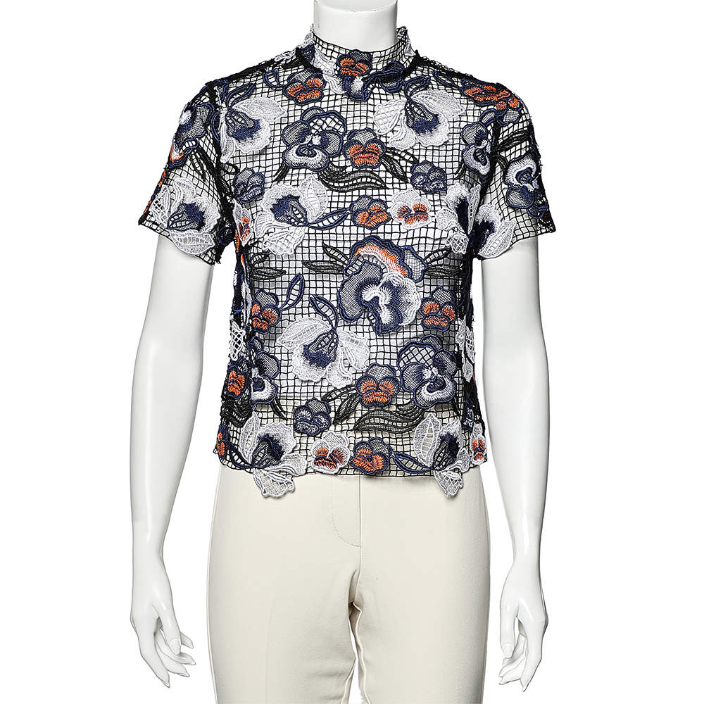 Pre Owned توب سيلف بورتريه صيفي دانتيل أزرق داكن مقاس وسط - ميديوم
