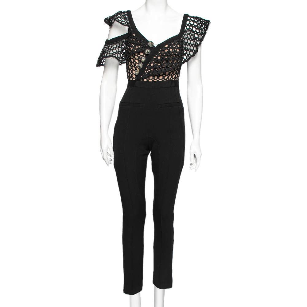 Pre Owned Self-Portrait Black Guipure Lace & Knit Short Sleeve Jumpsuit S