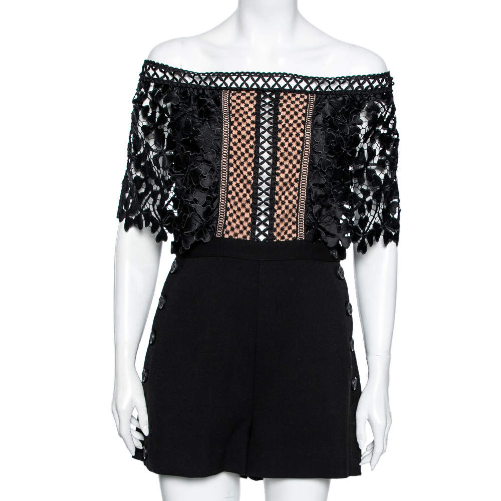 Self-Portrait Black Synthetic Off Shoulder Romper Jumpsuit L