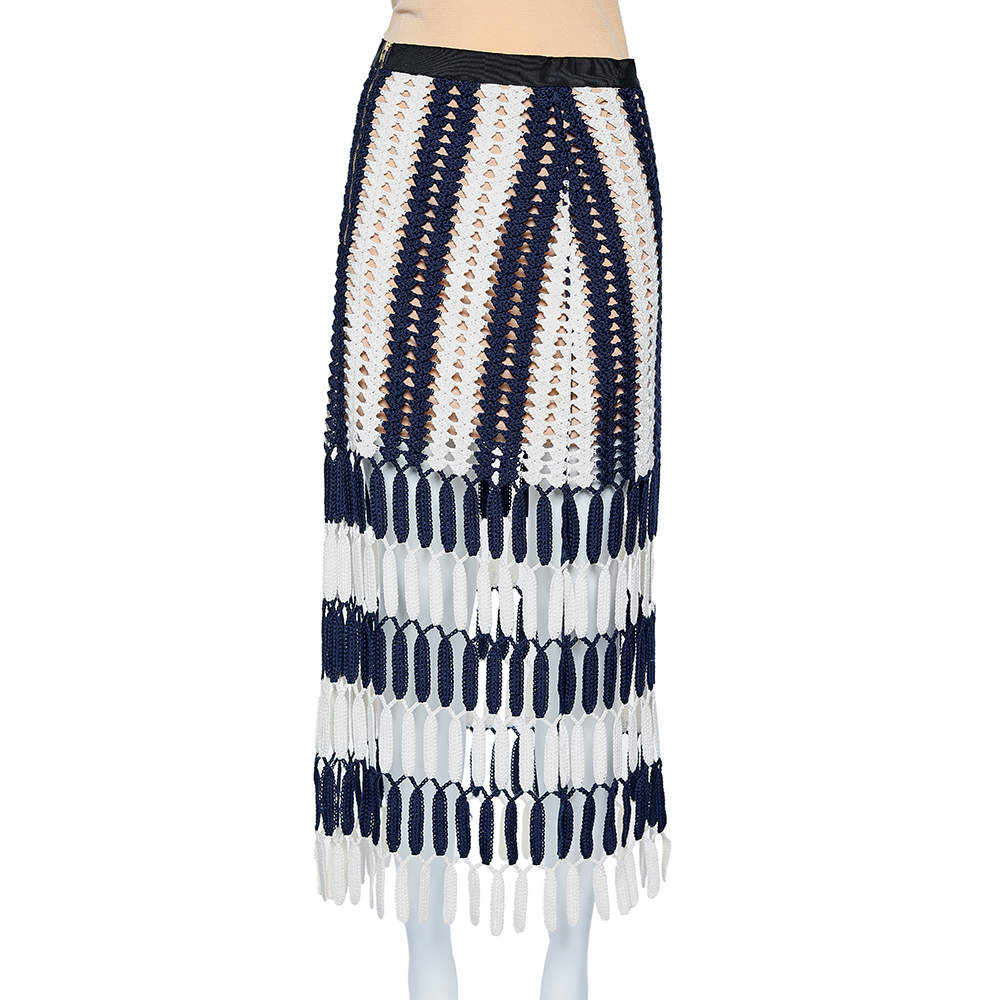 Pre Owned Self-Portrait Navy Blue & White Crochet Knit Tasseled Midi Skirt S