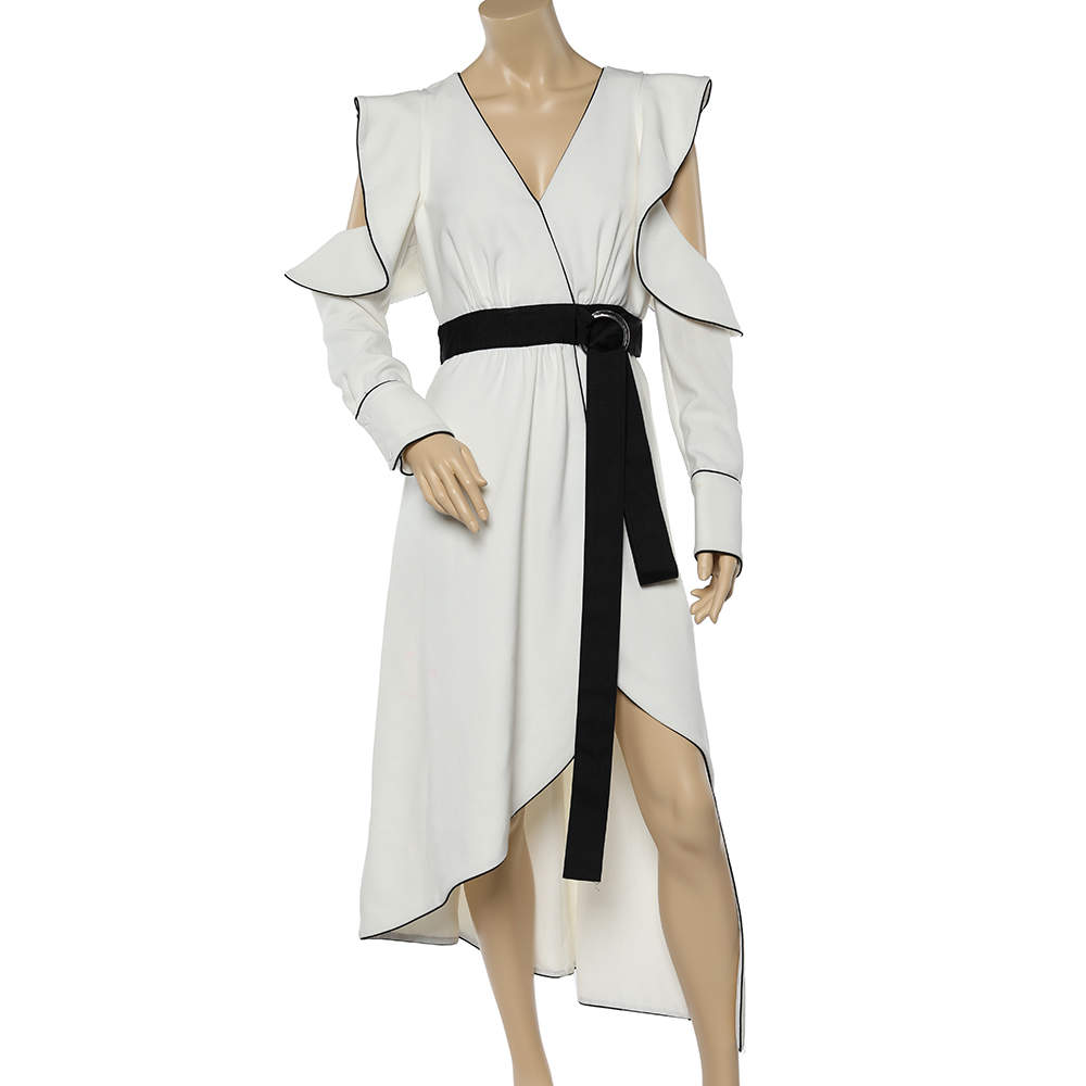 Pre Owned Self-Portrait White Crepe Ruffled Cut Shoulder Asymmetric Hem Midi Dress M