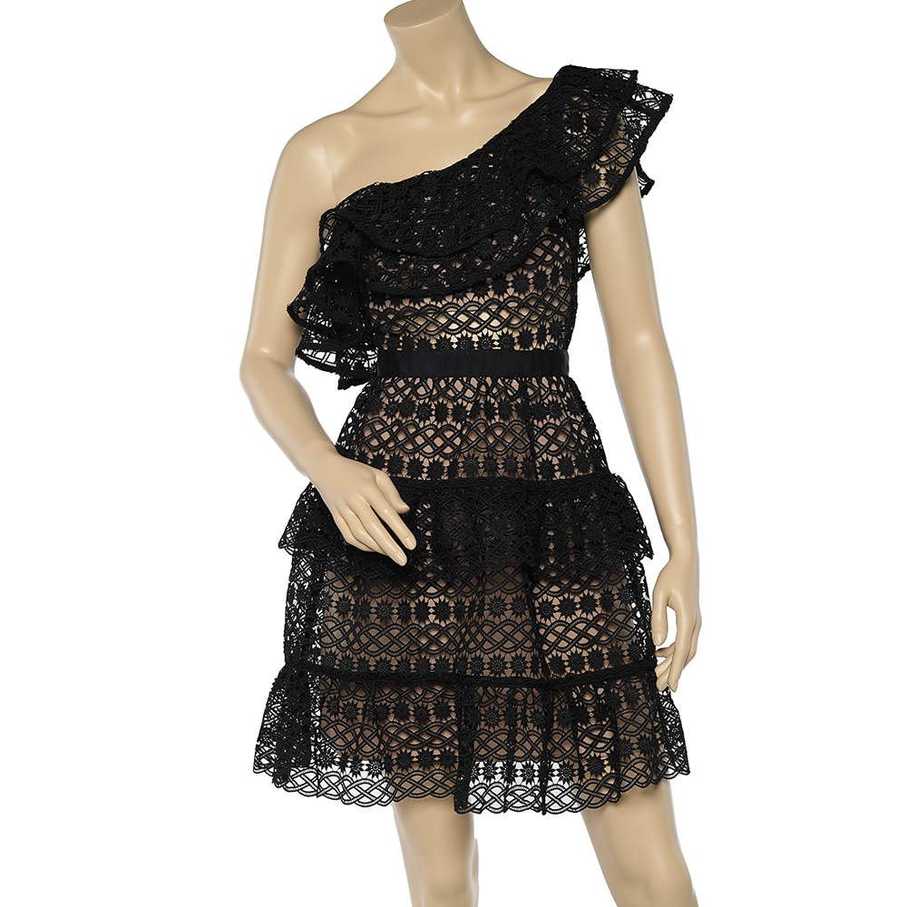 Pre Owned Self-Portrait Black Lace Overlay One Shoulder Mini Dress S
