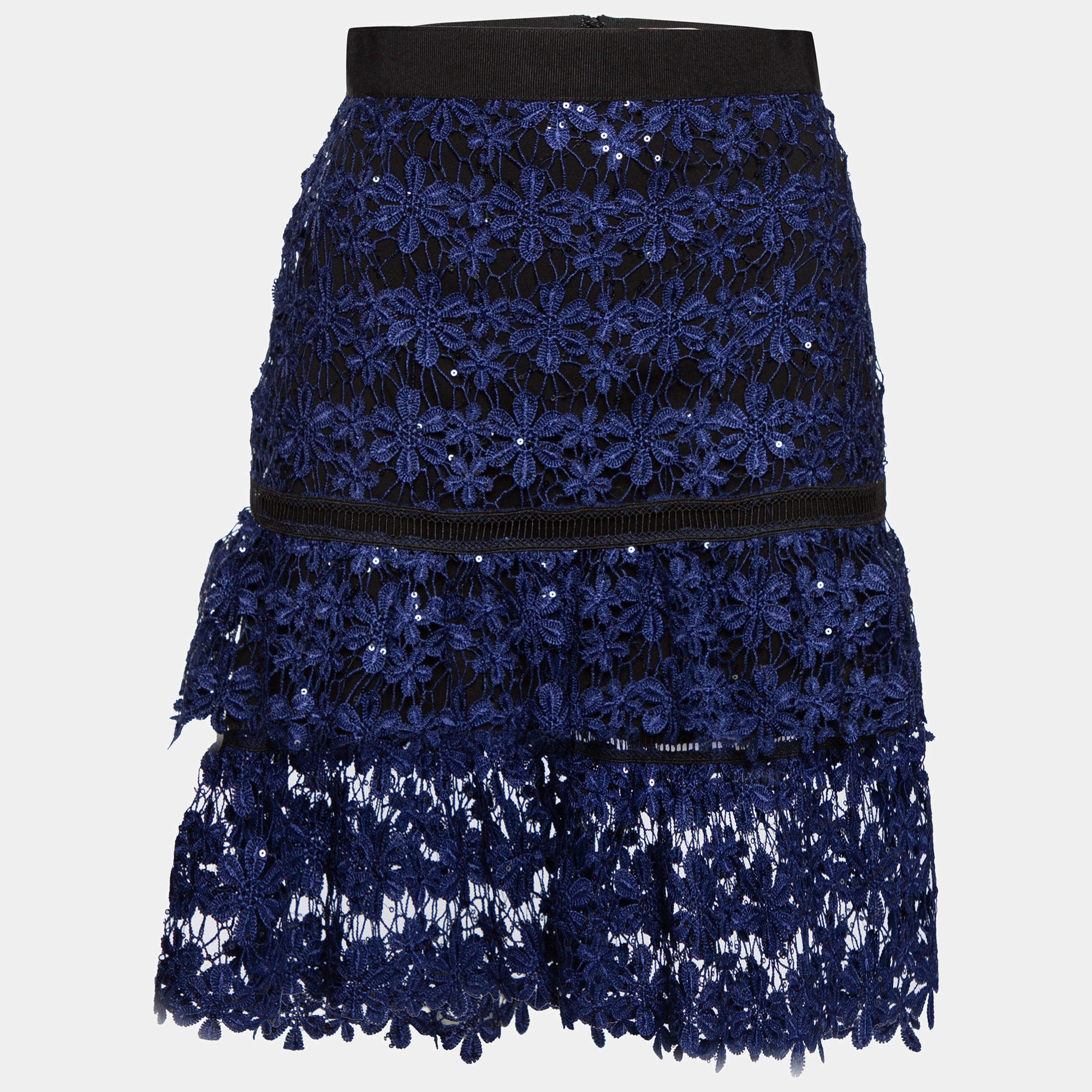 Pre Owned Self-Portrait Blue Floral Guipure Lace Sequin Embellished Tiered Skirt S