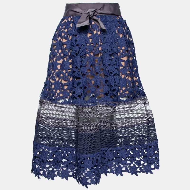 Self-Portrait Blue Guipure Lace & Mesh Paneled Liliana Belted Skirt S