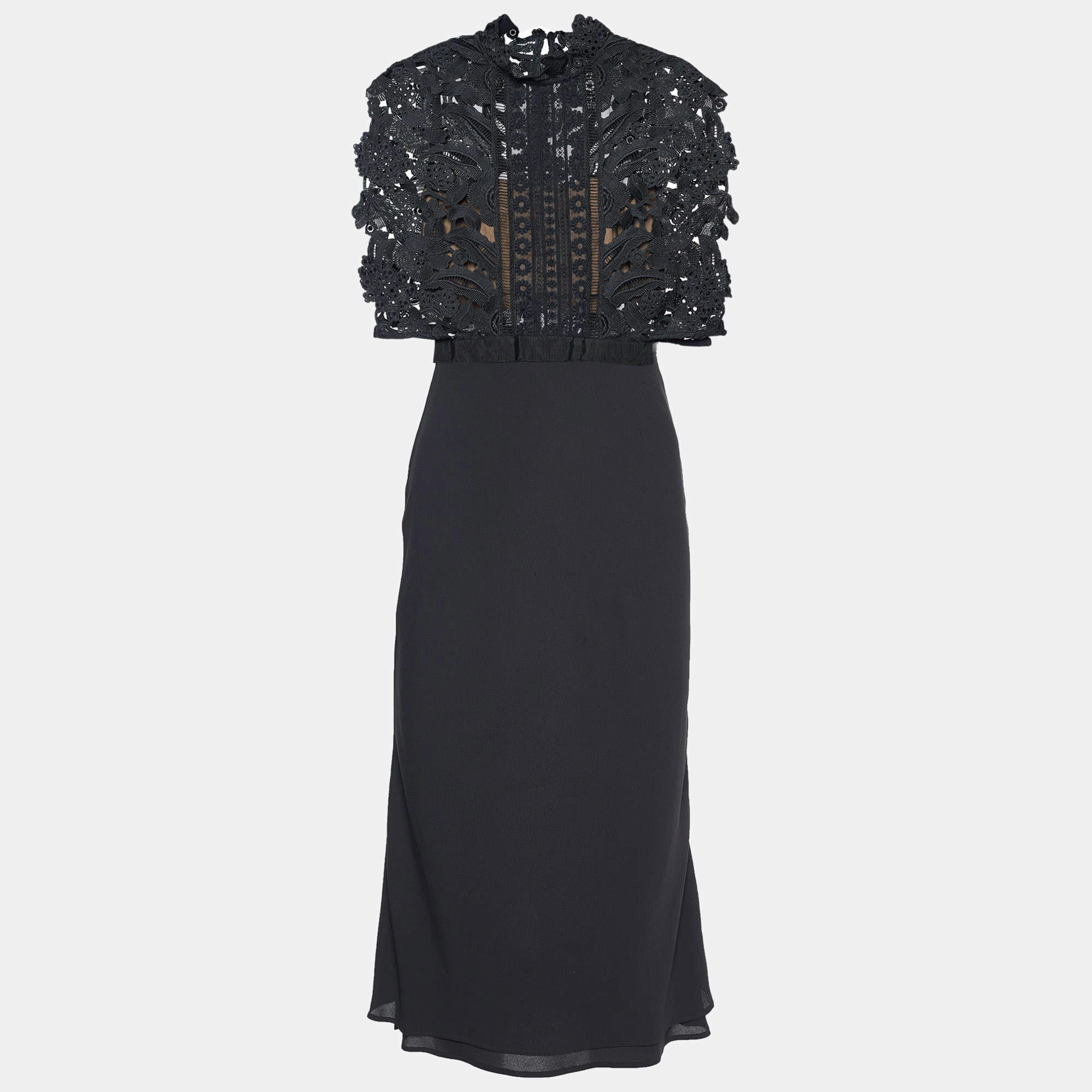 Pre Owned Self-Portrait Black Cropped Lace Overlay Midi Dress XS