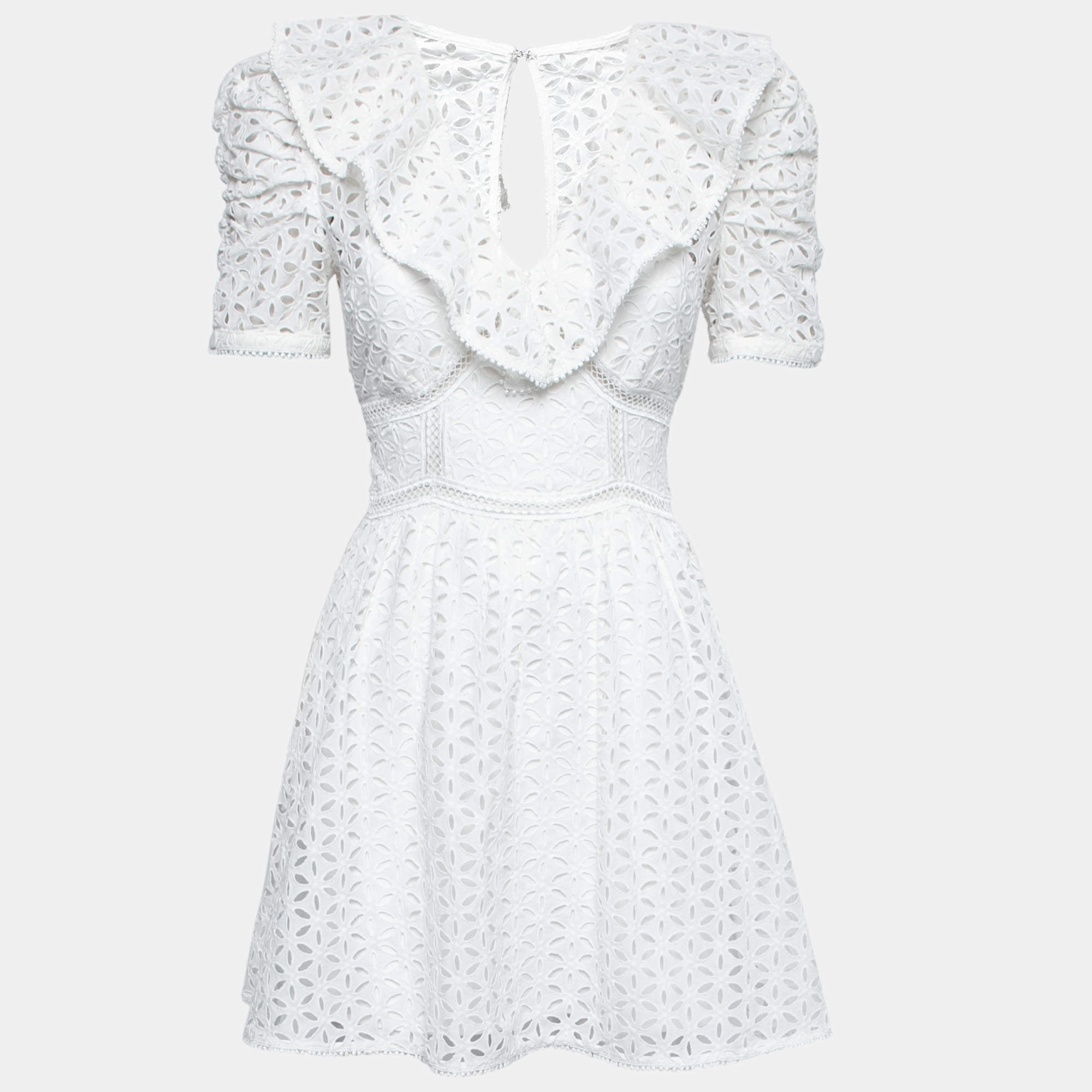 Pre Owned Self-Portrait White Eyelet Embroidered Cotton Puff Shoulder Mini Dress S