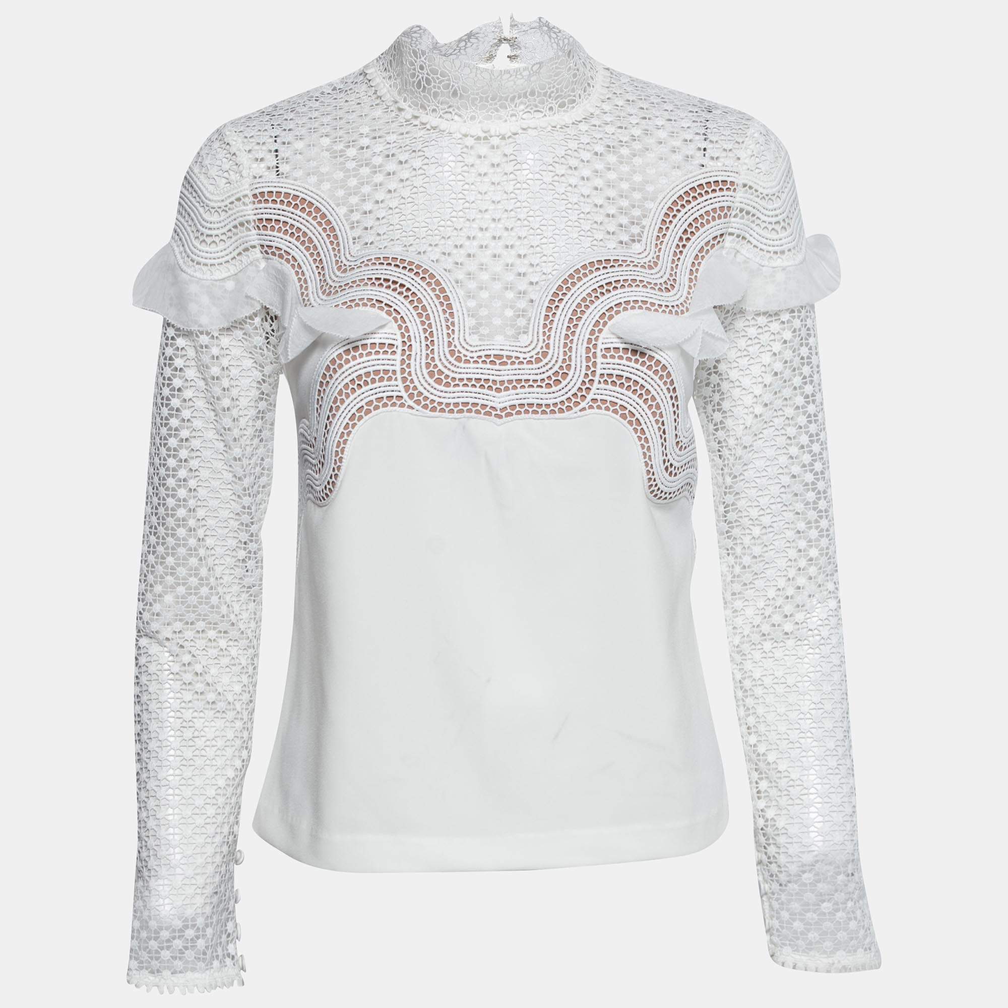 Pre Owned Self-Portrait White Crepe & Guipure Lace Long Sleeve Top S
