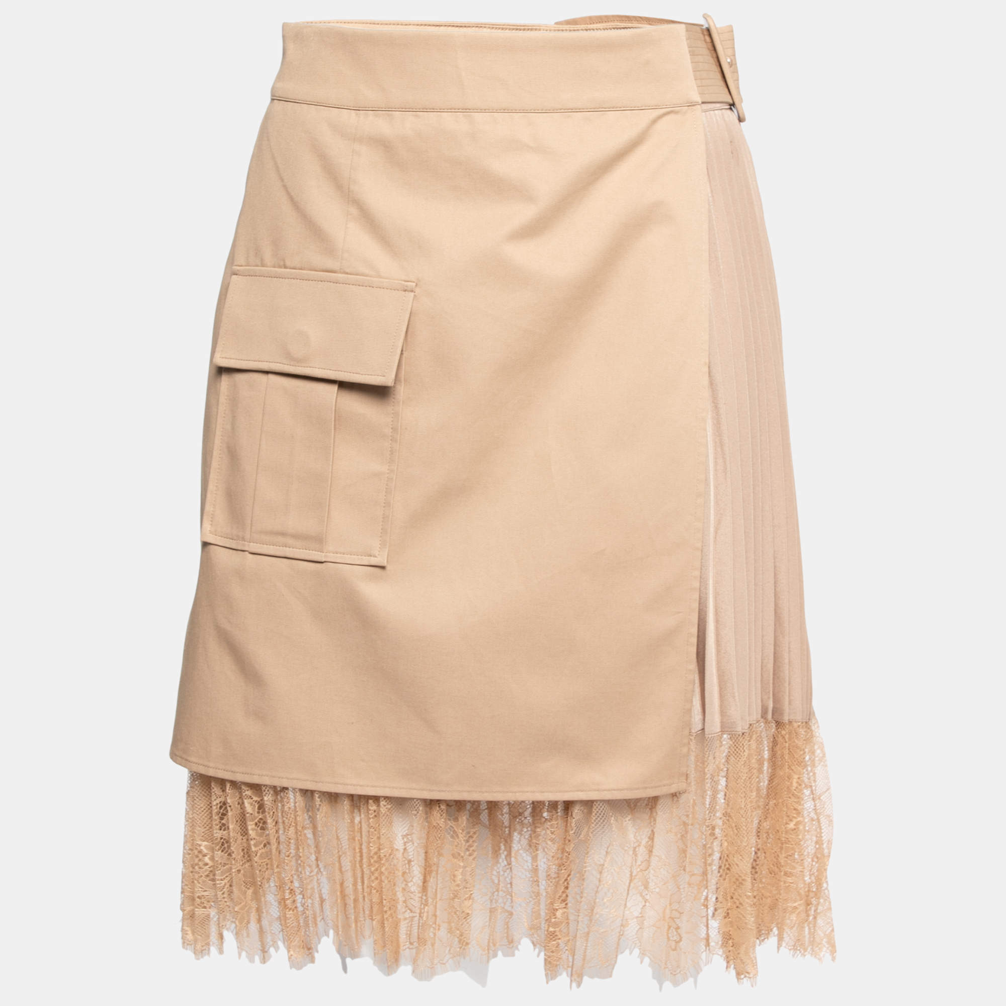 Pre Owned Self-Portrait Beige Cotton & Crepe Lace Trimmed Pleated Wrap Skirt M