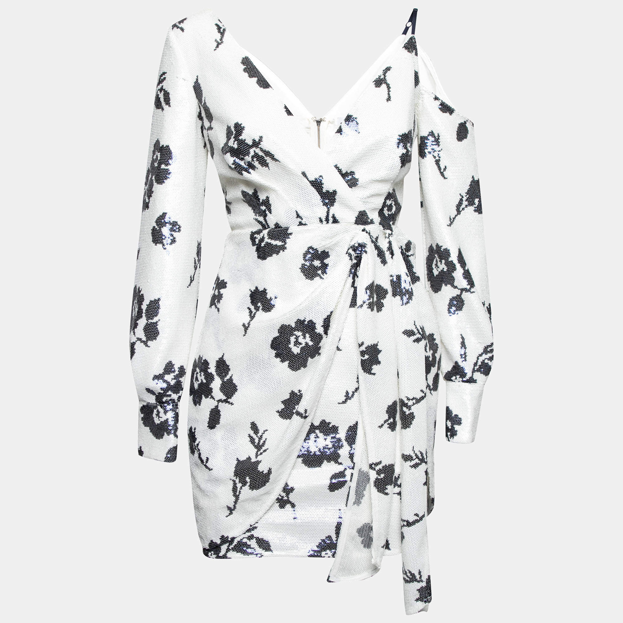 Pre Owned Self-Portrait White Floral Sequin Embellished Wrap Detail Short Dress S