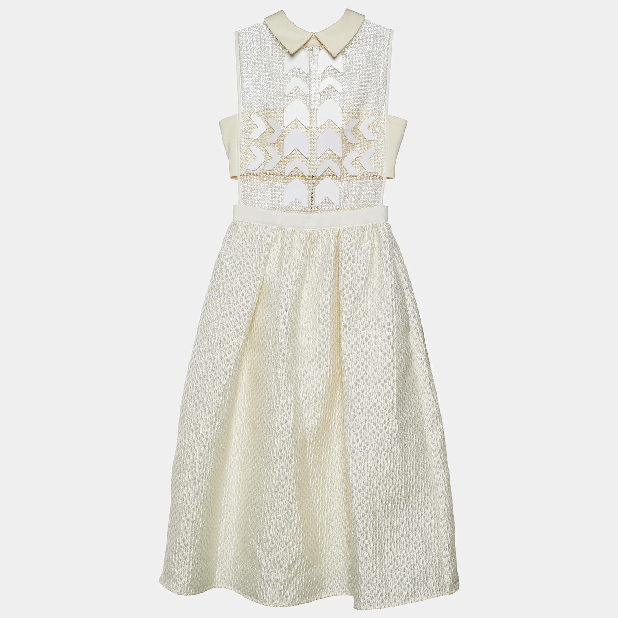 Pre Owned Self-Portrait Cream Jacquard Sequined Lasercut Collar Detail Dress S