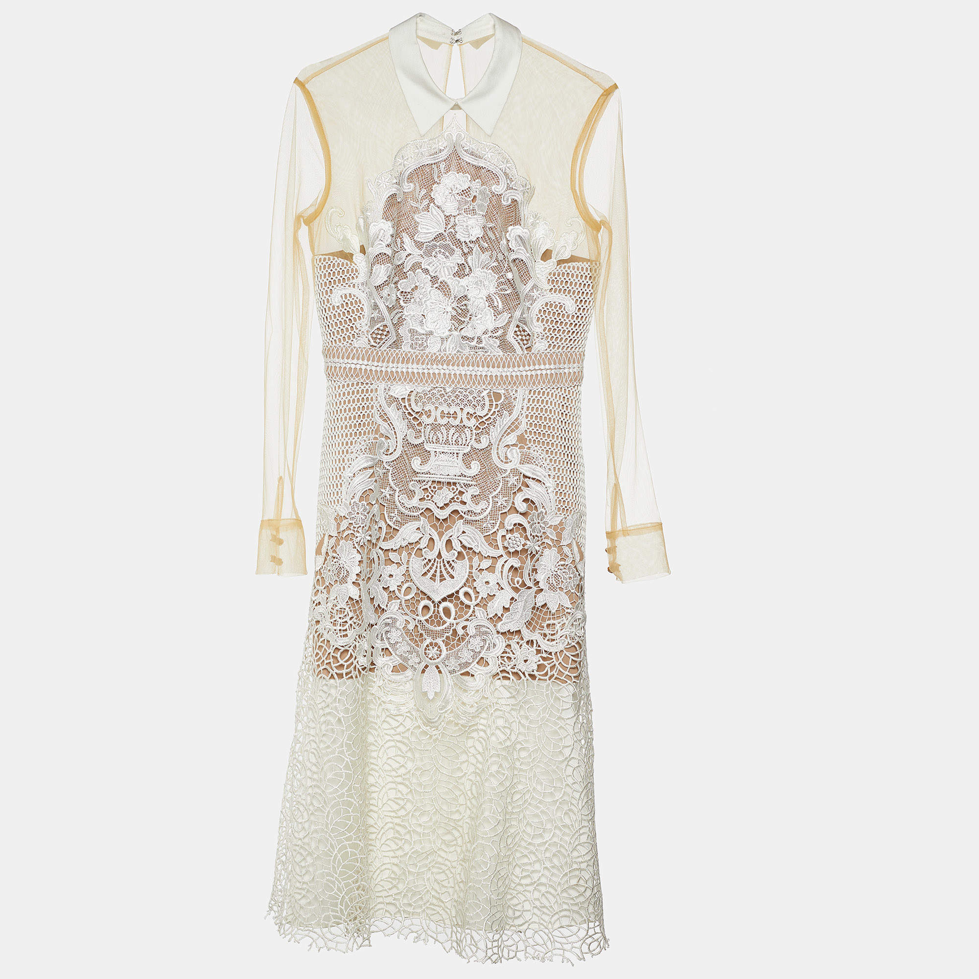 Pre Owned Self-Portrait Beige/White Full Sleeve Dress M