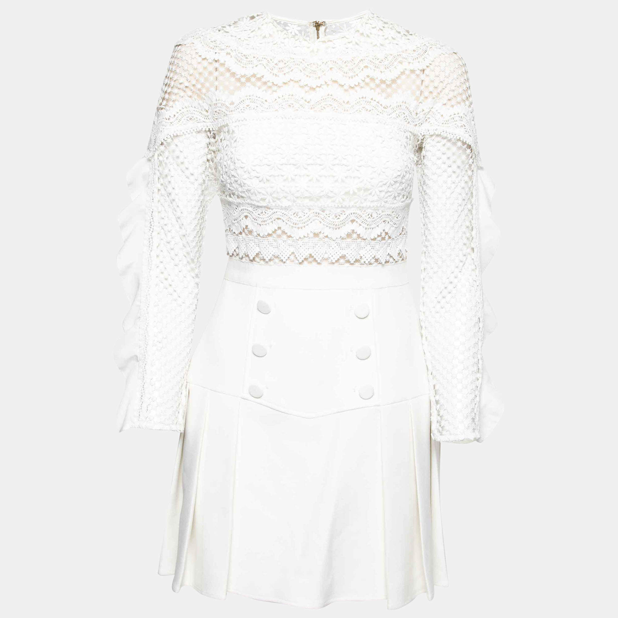 Pre Owned Self Portrait White Crepe and Lace Ruffle Trim Detailed Pleated Dress S