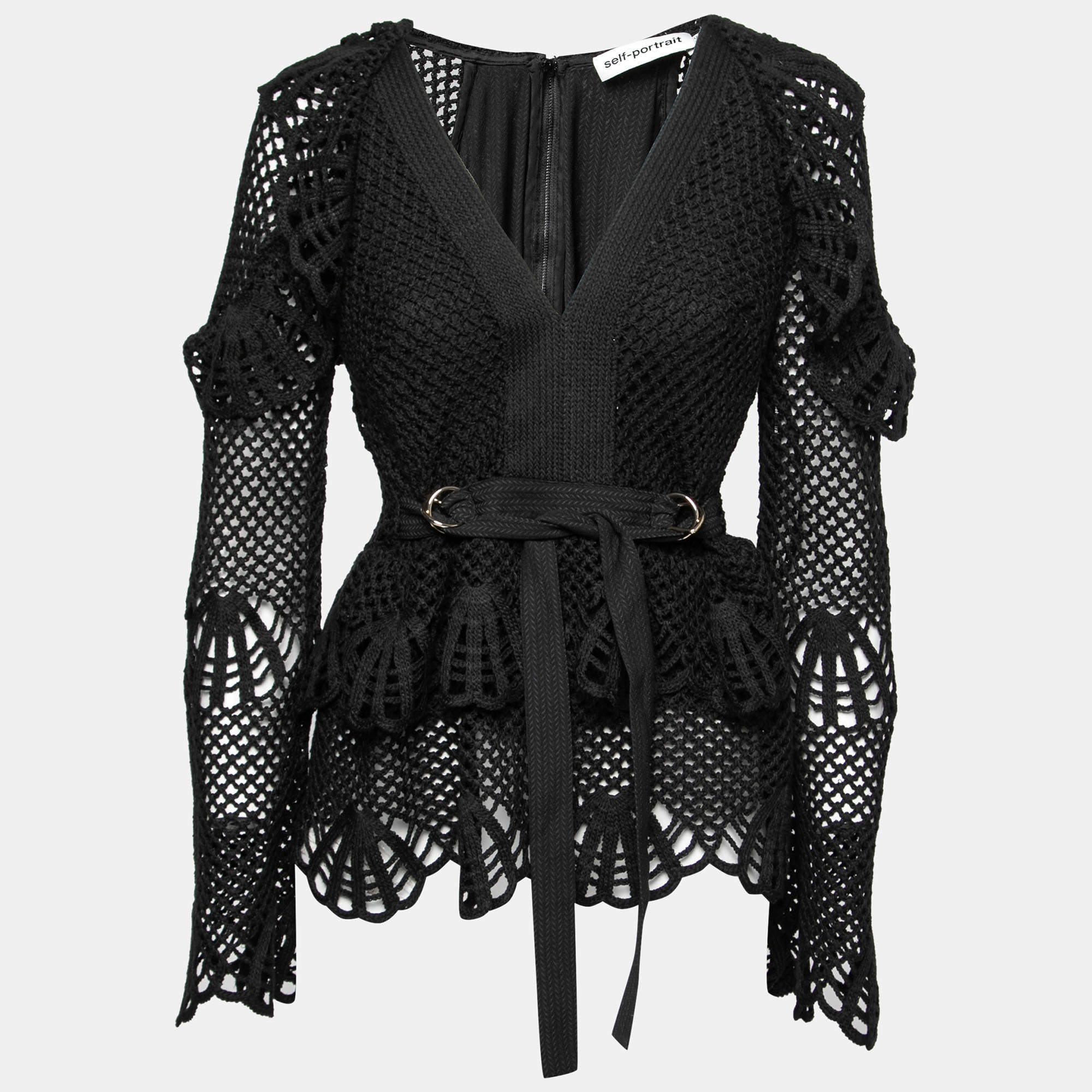 Pre Owned Self-Portrait Black Crochet V-Neck Ruffle Long Sleeve Top M