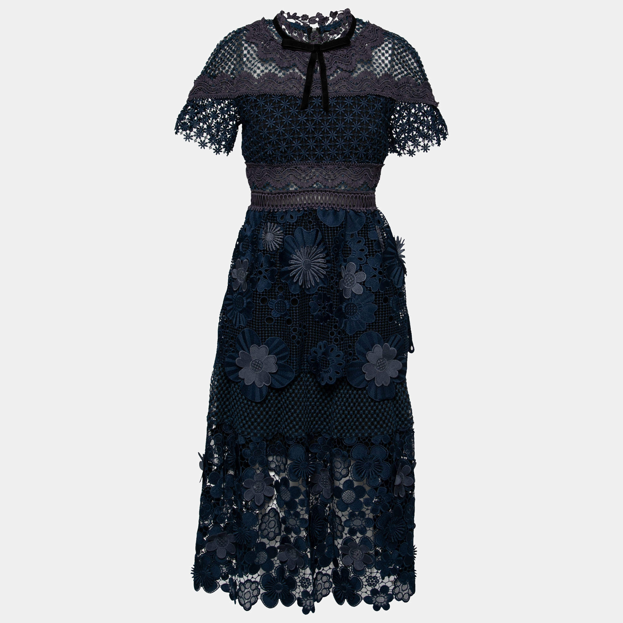 Pre Owned Self-Portrait Navy Blue Floral Lace & Mesh Midi Dress M