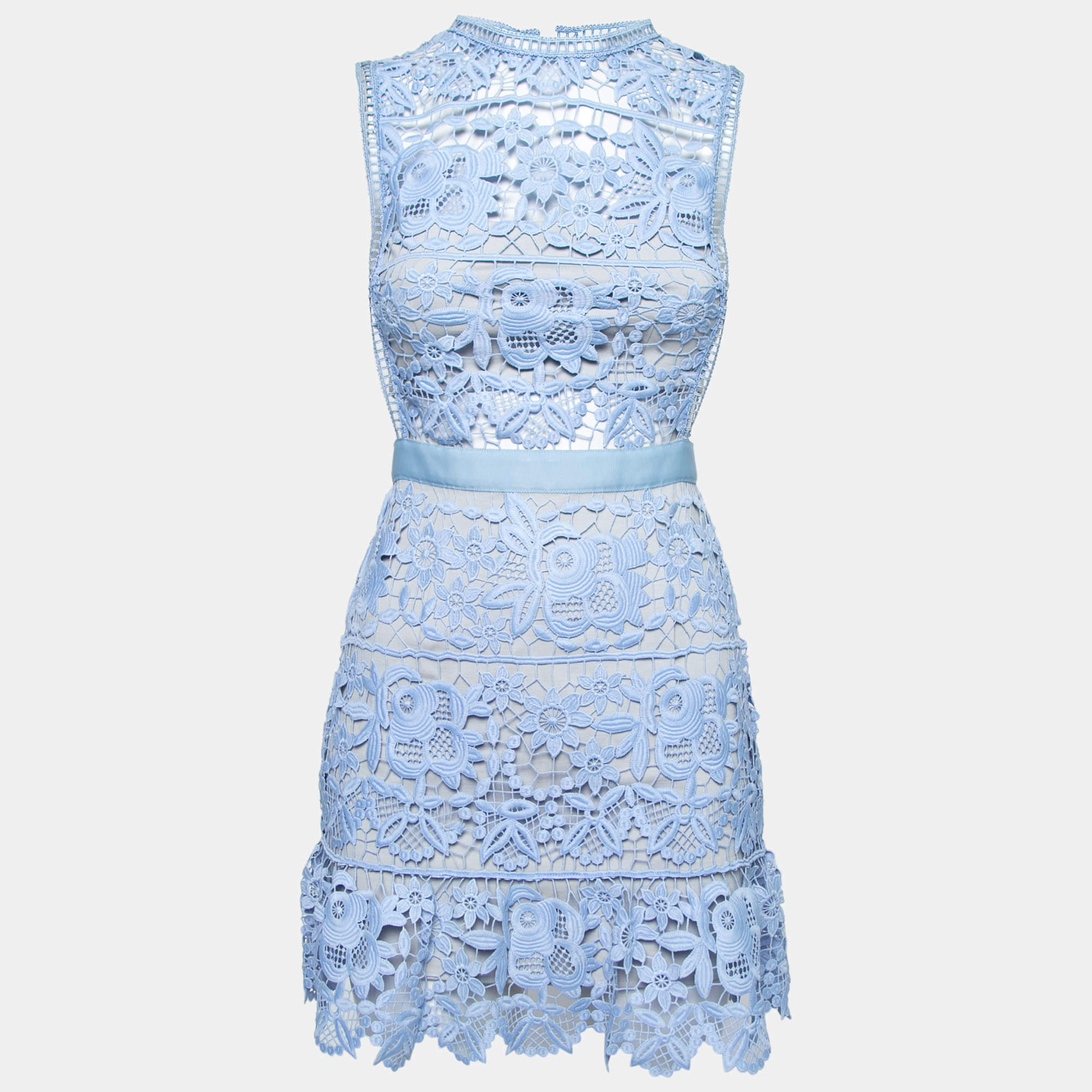 Pre Owned Self-Portrait Light Blue Guipure Lace Flare Mini Dress S