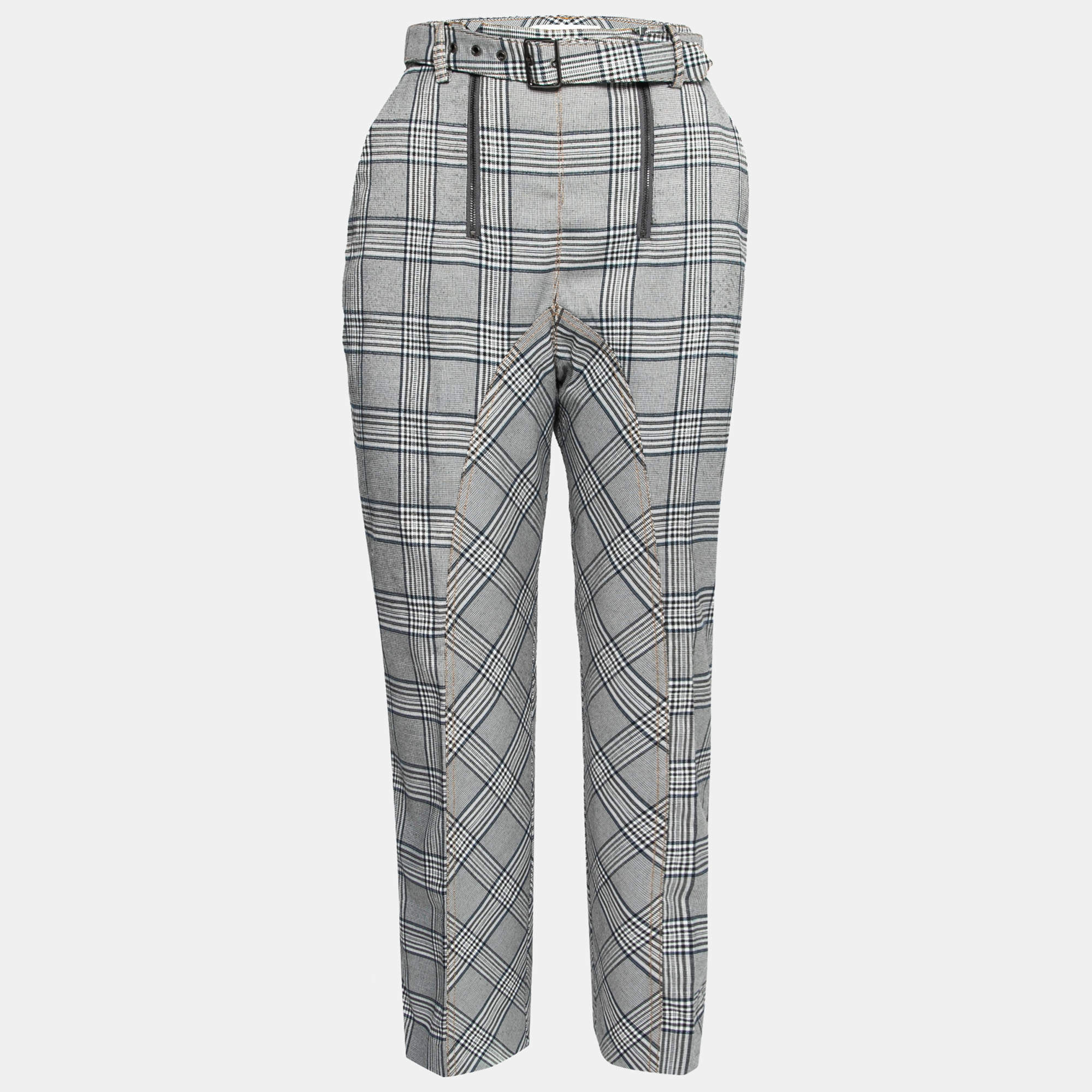 Pre Owned Self-Portrait Grey Plaid Belted Cropped Trousers M