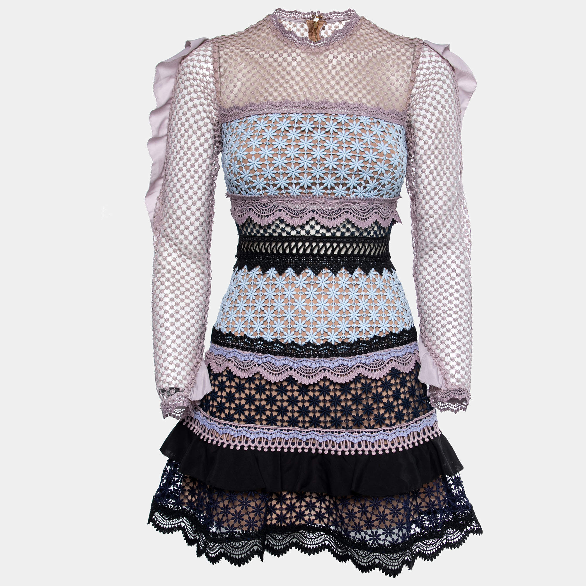 Pre Owned Self-Portrait Multicolor Ruffle-Trim Guipure Lace Bellis Mini Dress S