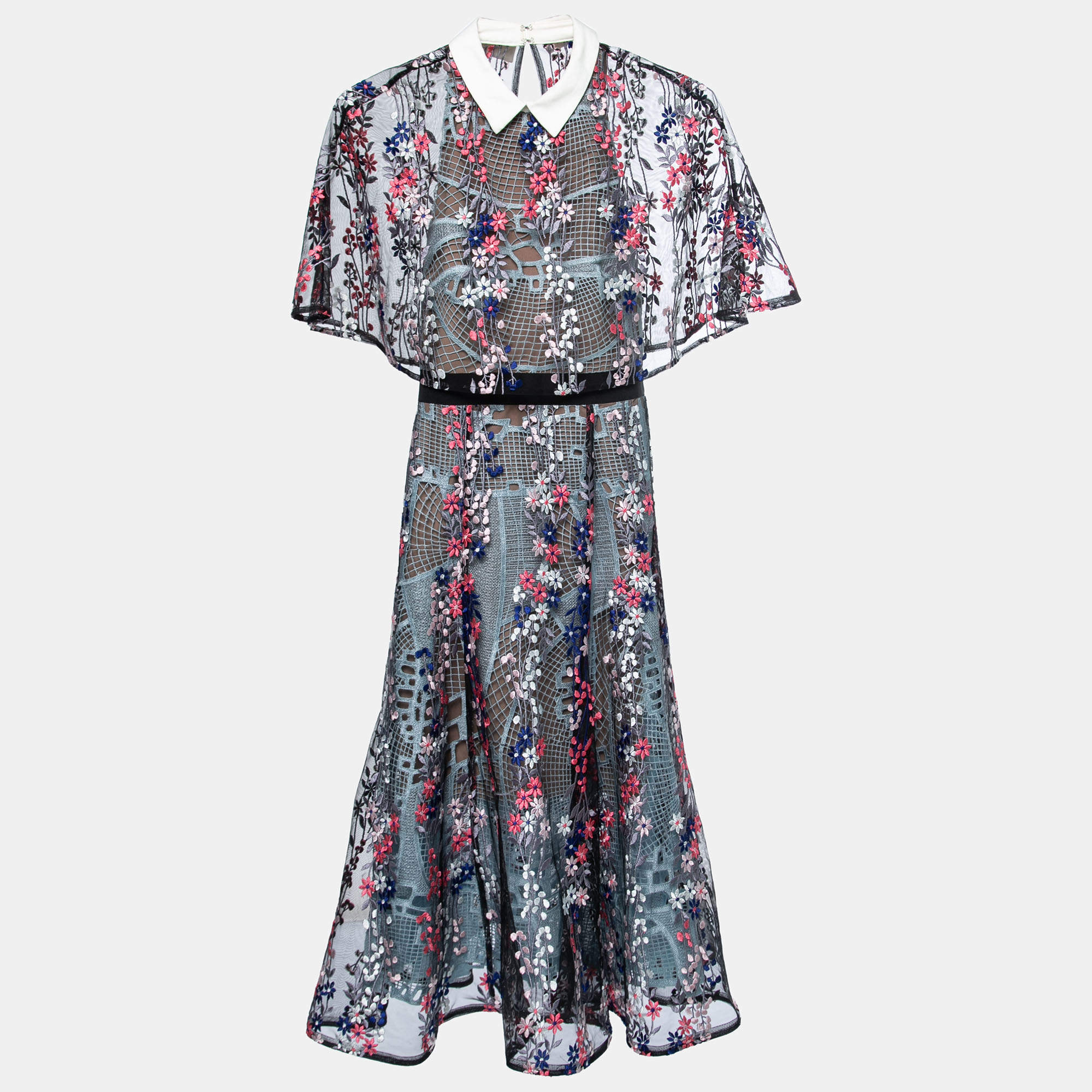 Pre Owned Self-Portrait Multicolor Embroidered Lace Collared Midi Dress S