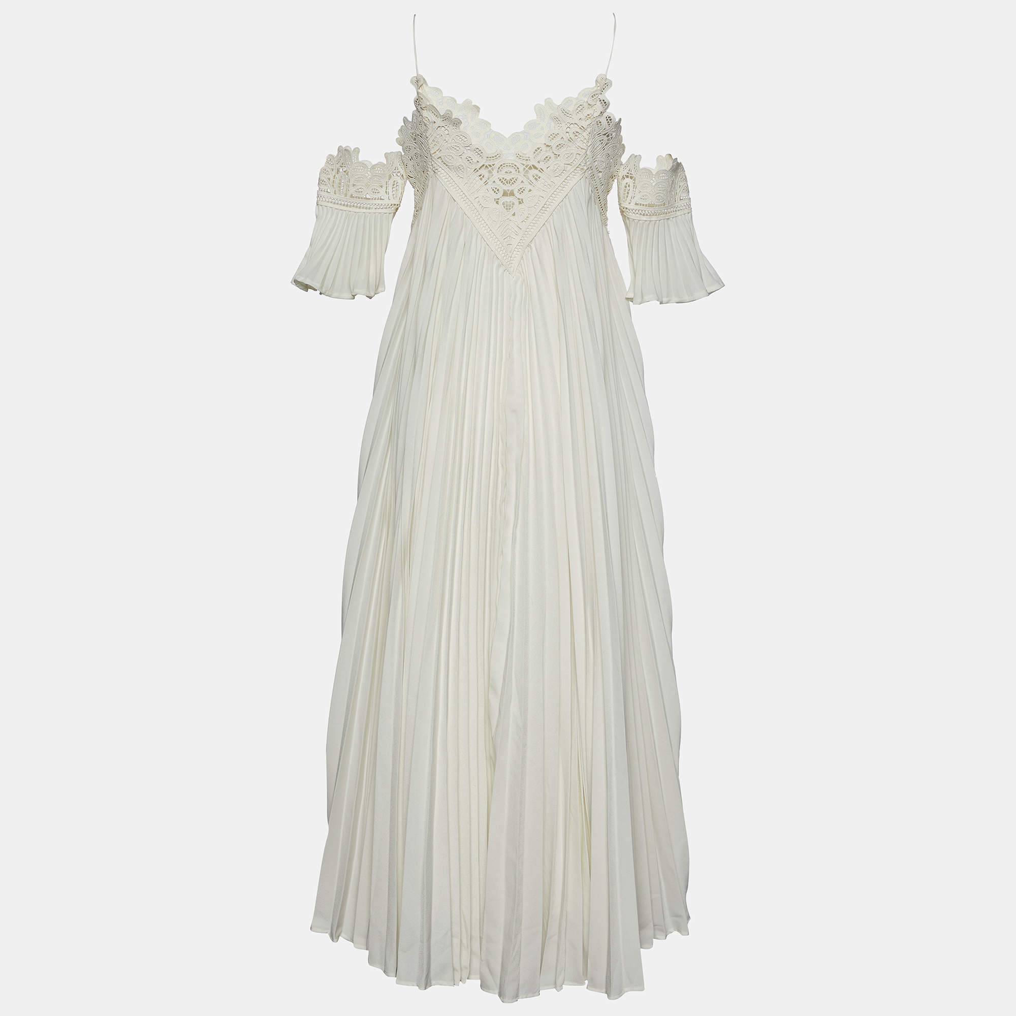 Pre Owned Self-Portrait White Crepe Pleated Lace Trim Off-Shoulder Dress S