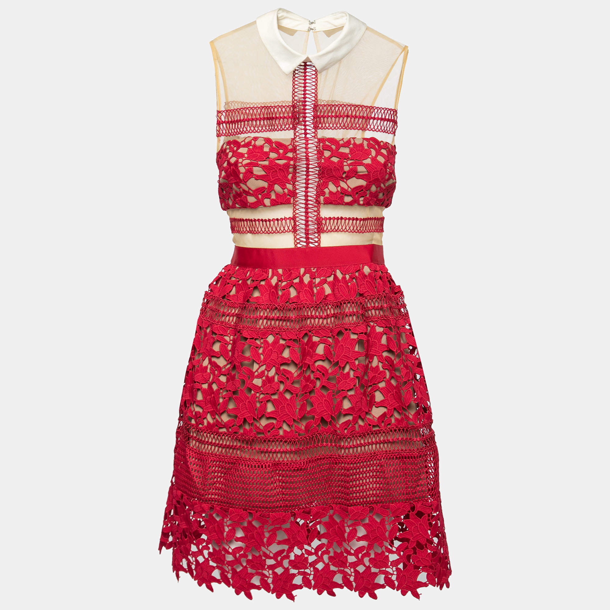مملوكة مسبقًا Self-Portrait Red Guipure Lace Panelled Mini Dress S