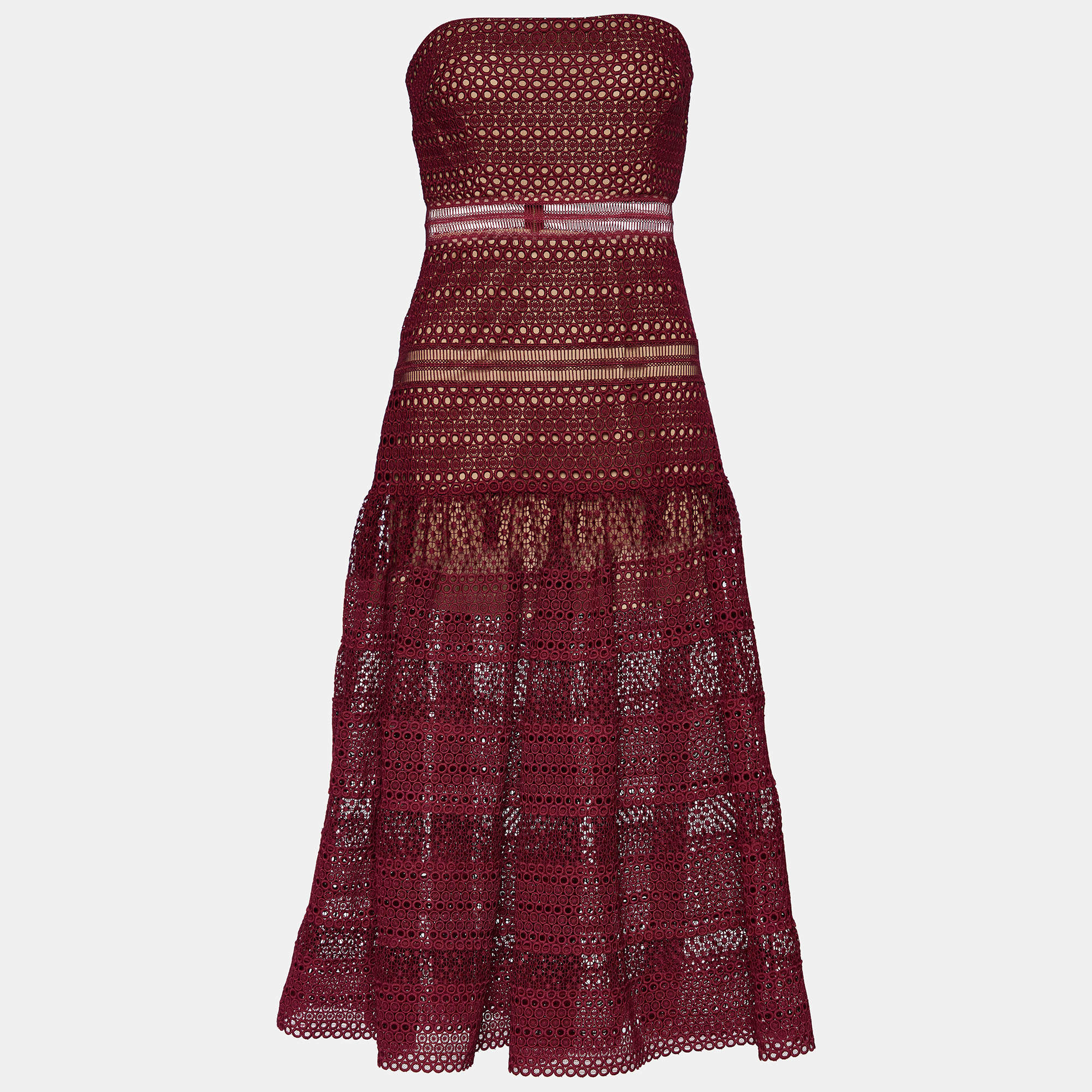 مملوكة مسبقًا Self-Portrait Burgundy Guipure Lace Strapless Midi Dress M