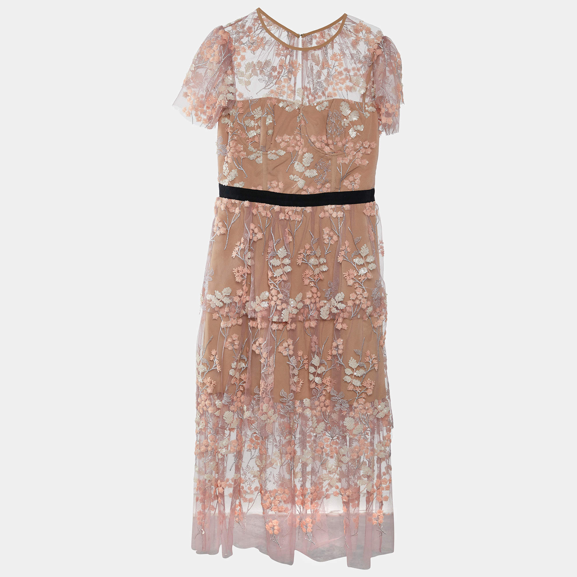 Pre Owned Self-Portrait Light Pink Sequin Embellished Tulle Tiered Midi Dress M