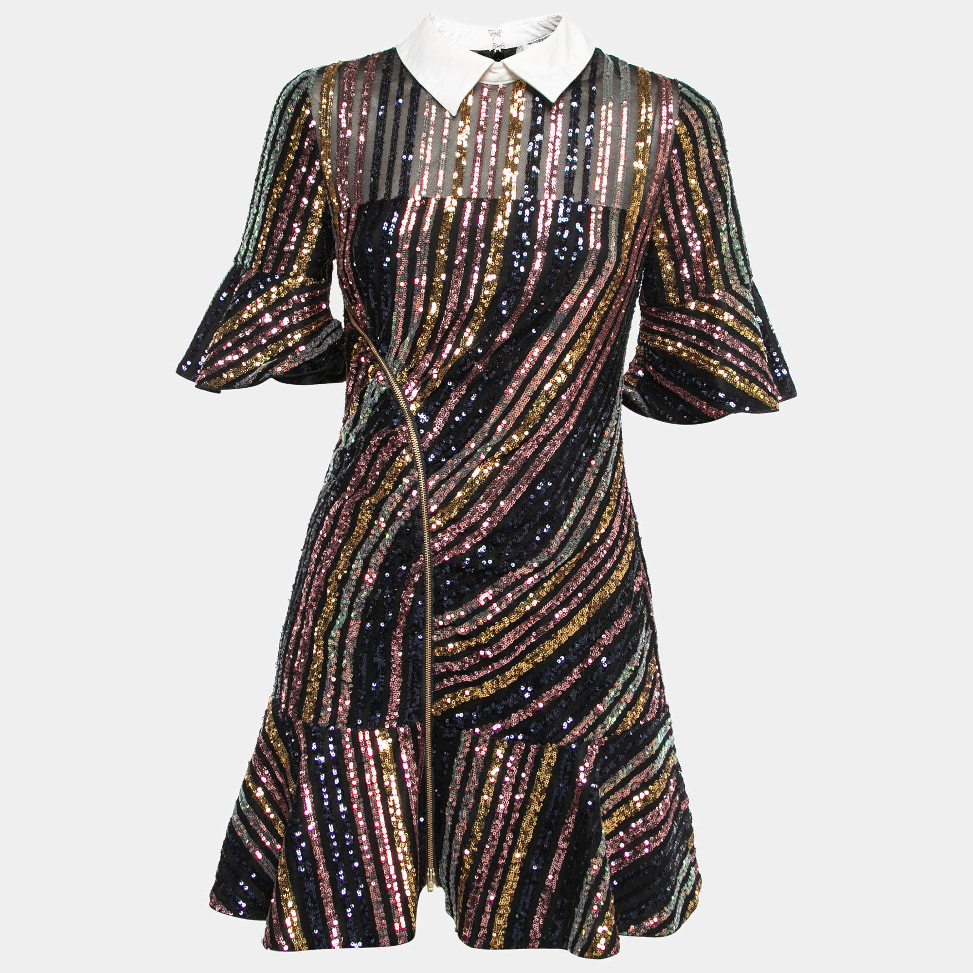 Self-Portrait Multicolor Sequin-Embellished Collared Mini Dress M