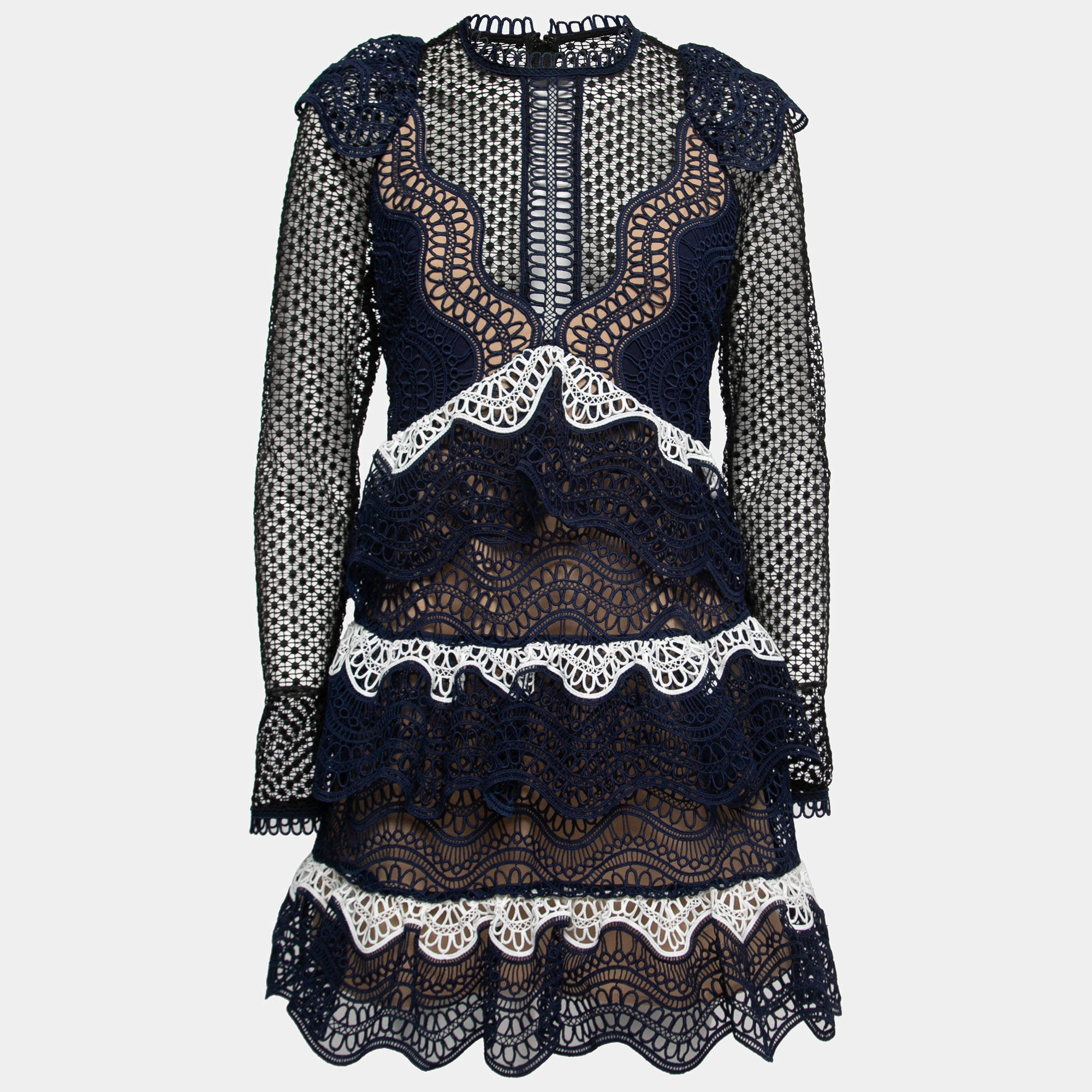 Pre Owned Self-Portrait Blue & Black Lace Ruffled Flared Mini Dress M