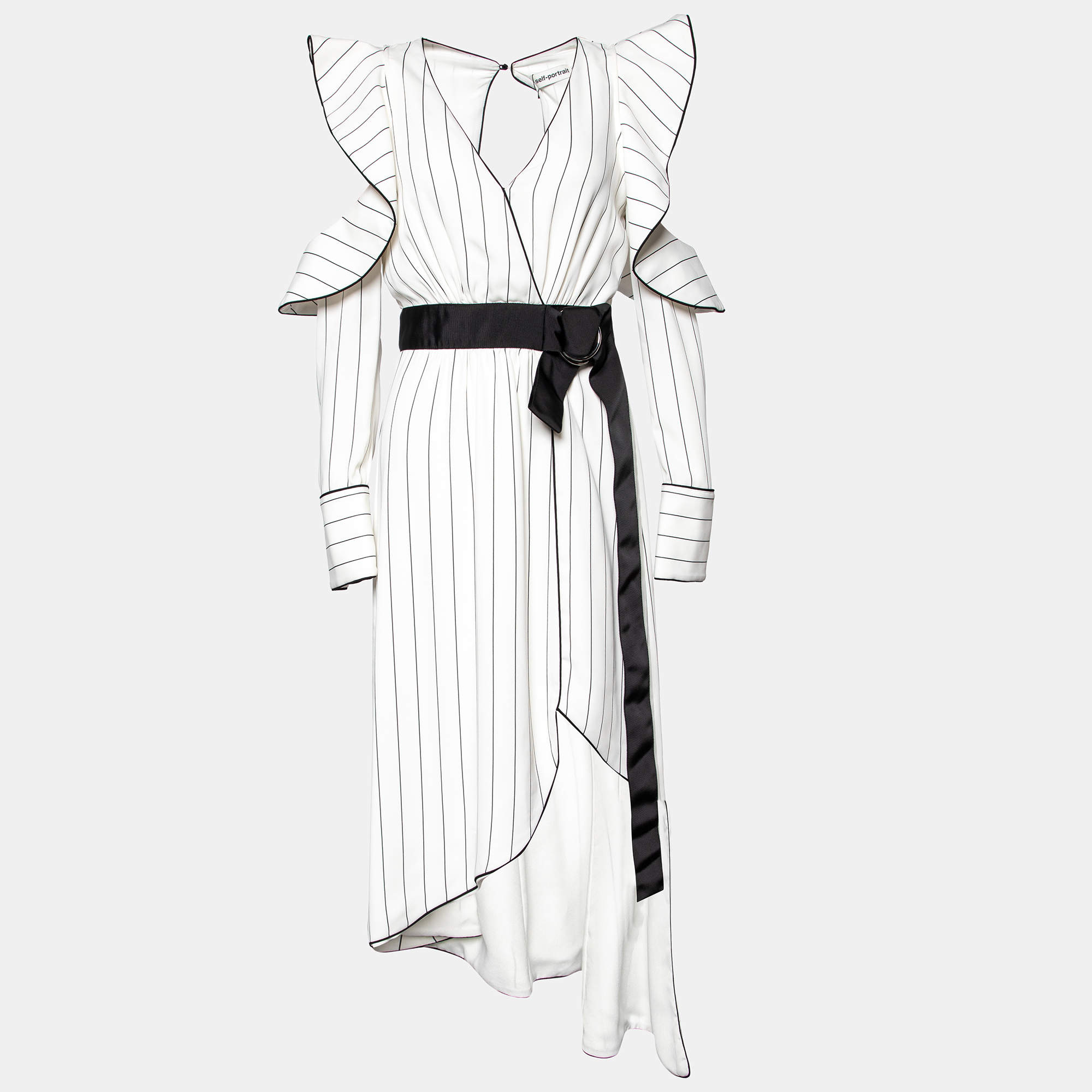 Pre Owned Self-Portrait White Striped Crepe Ruffled Belted Midi Dress S