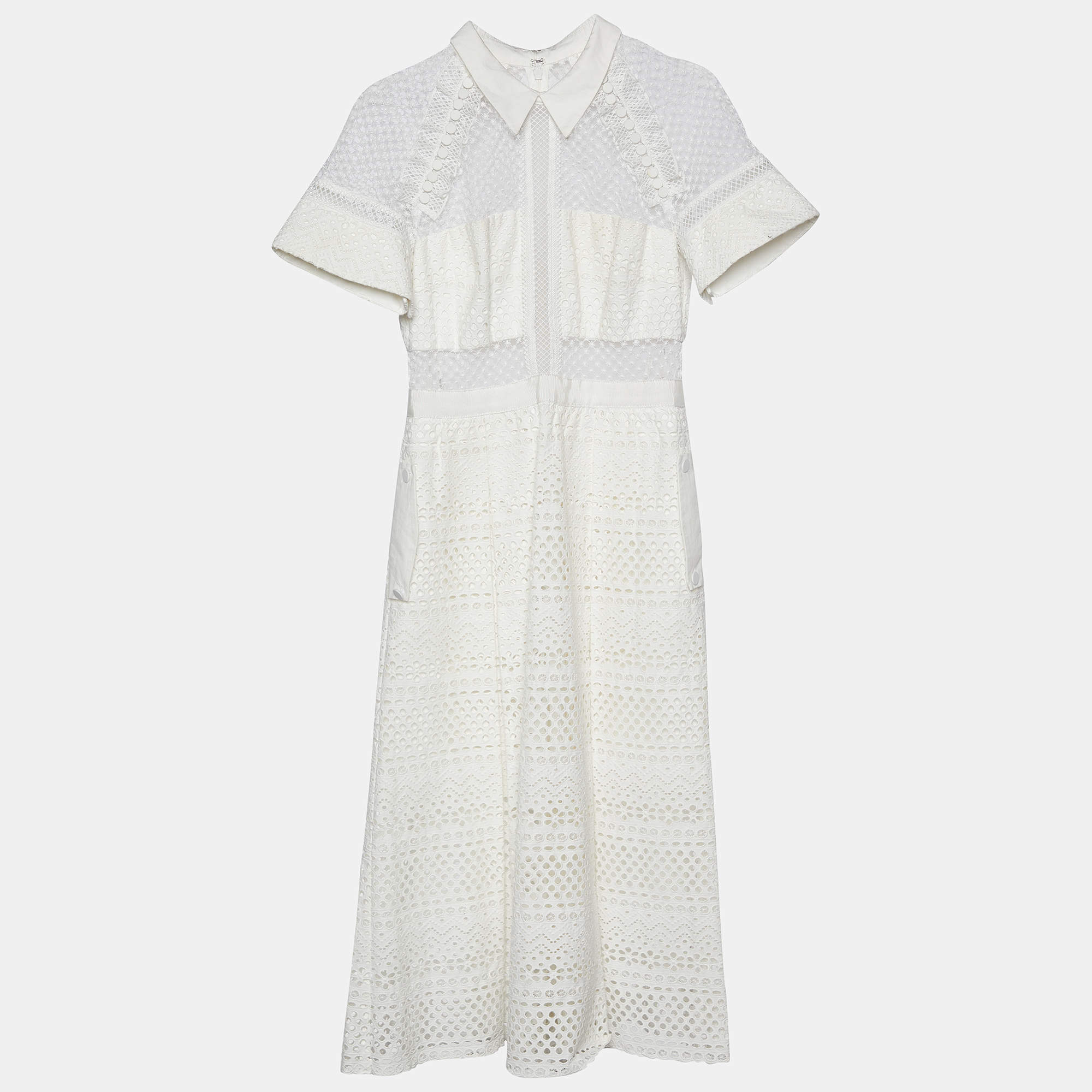 Pre Owned Self-Portrait White Eyelet Lace Raglan Sleeve Midi Dress M