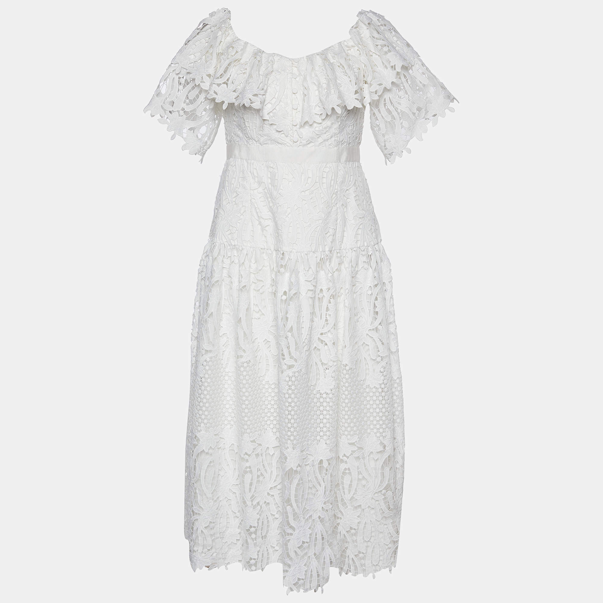 Pre Owned Self-Portrait White Guipure Lace Lily Midi Dress M