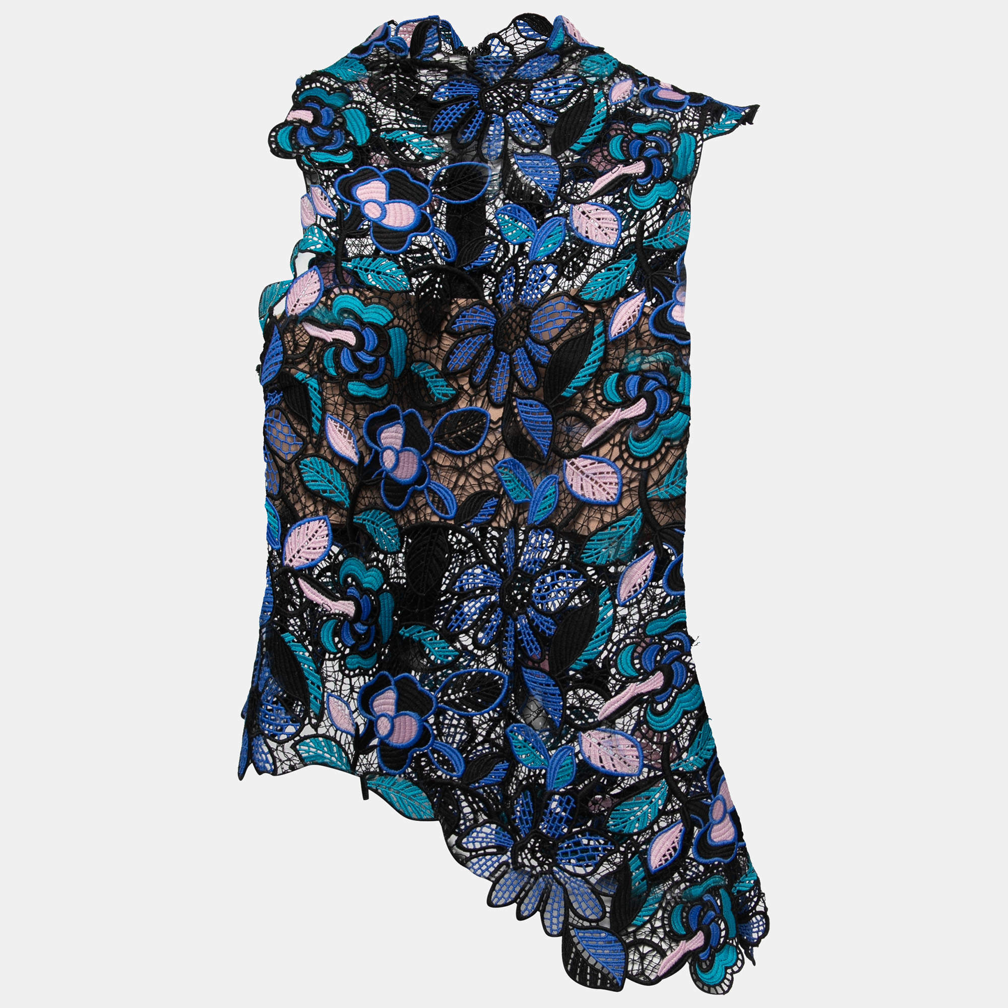 Pre Owned Self-Portrait Blue Floral Guipure Lace Celeste Top S