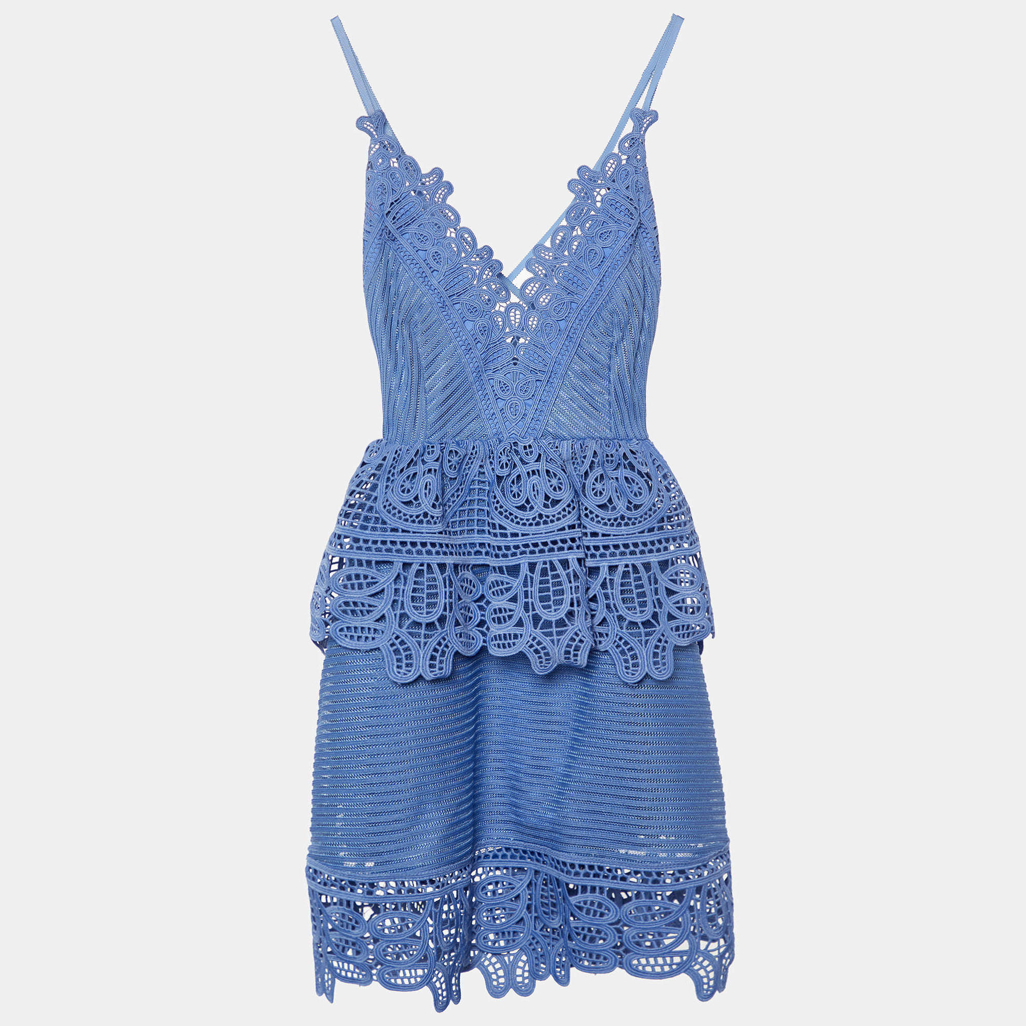 Pre Owned Self-Portrait Cornflower Blue Guipure Lace Mini Dress S