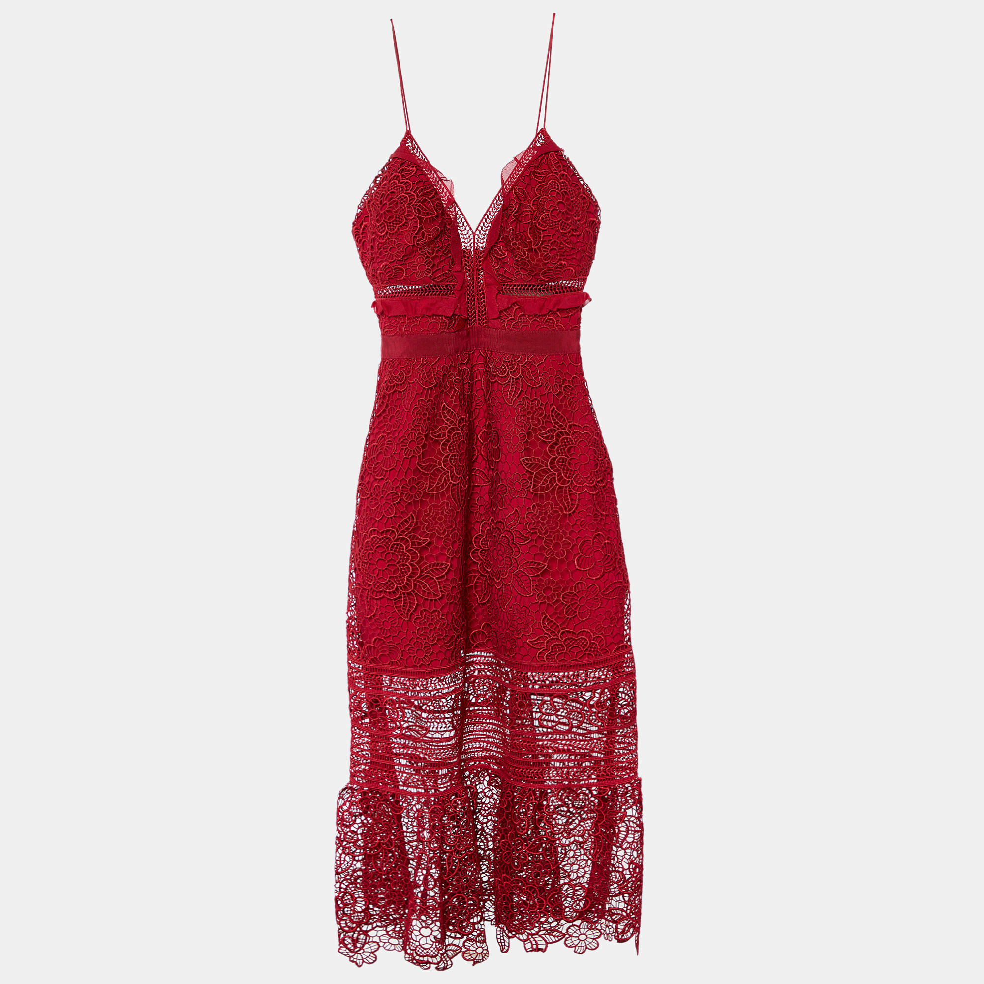Pre Owned Self-Portrait Red Floral Lace Sleeveless Midi Dress S
