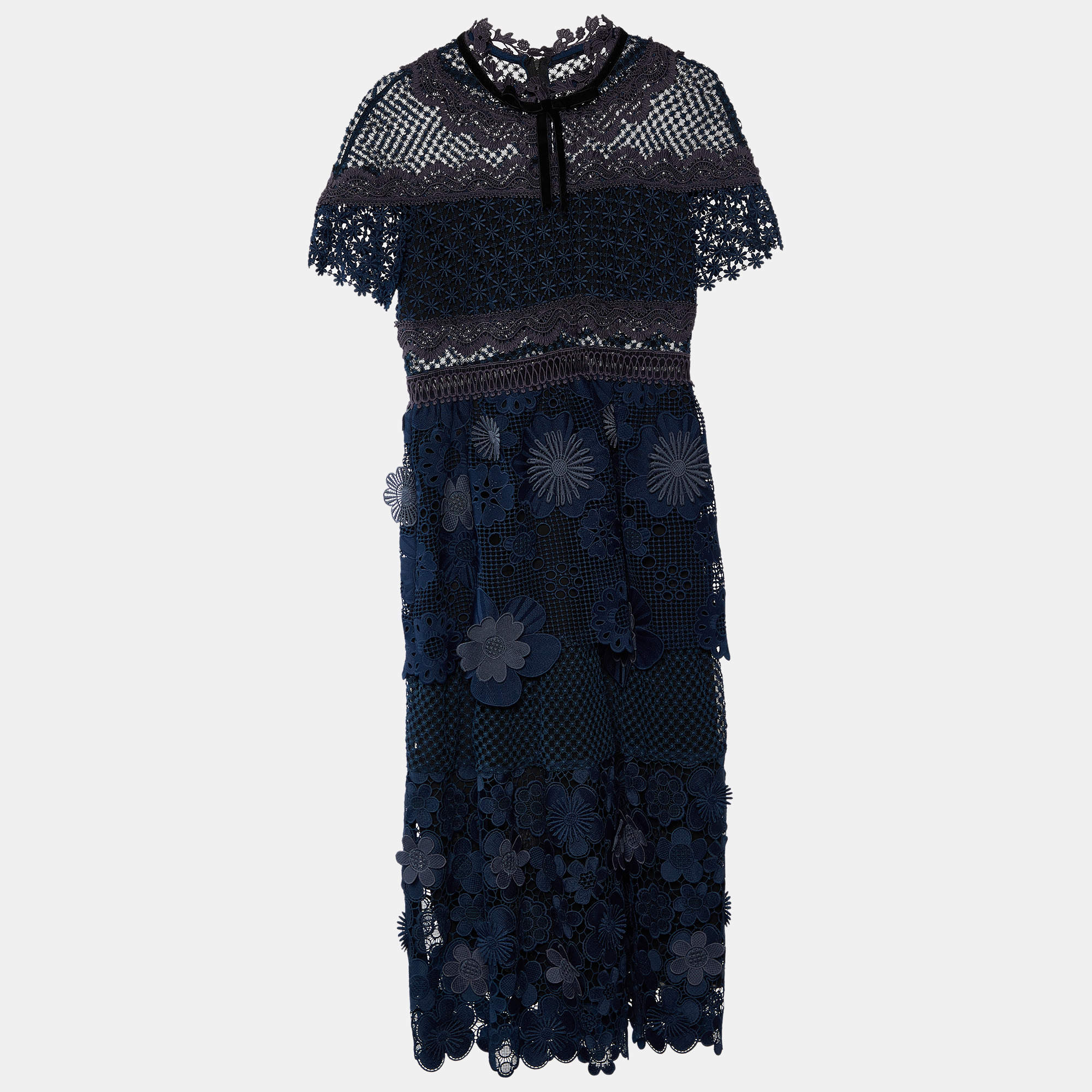 Self-Portrait Navy Blue Guipure Lace & Mesh Midi Dress M